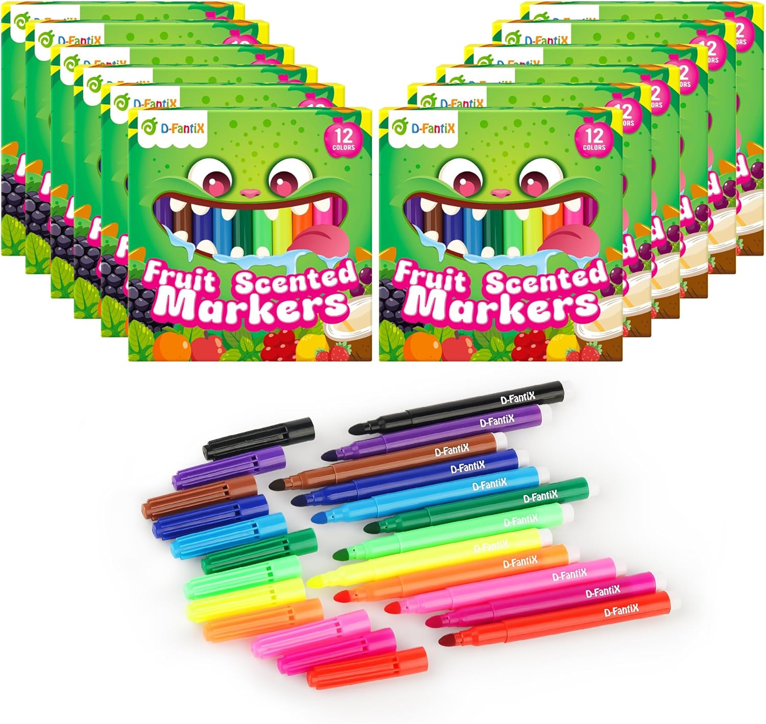 D-Fantix 12 Packs Fruit Scented Washable Markers for Kids Toddlers, 144 Count Coloring Markers Set, Bulk Art Supplies, Back to School Supplies, Gifts for Party Favors, Classroom Prizes, Donations image number 3
