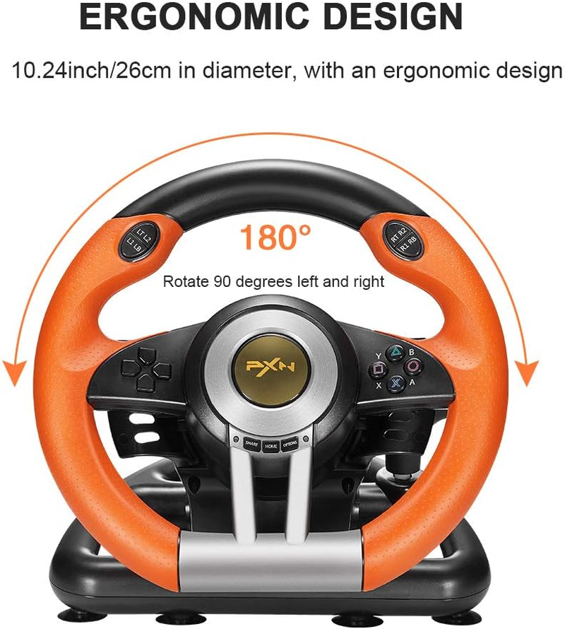 PC Racing Wheel, PXN V3II 180 Degree Universal Usb Car Sim Race Steering Wheel with Pedals for PS3, PS4, Xbox One,Xbox Series X/S,Switch (Orange)