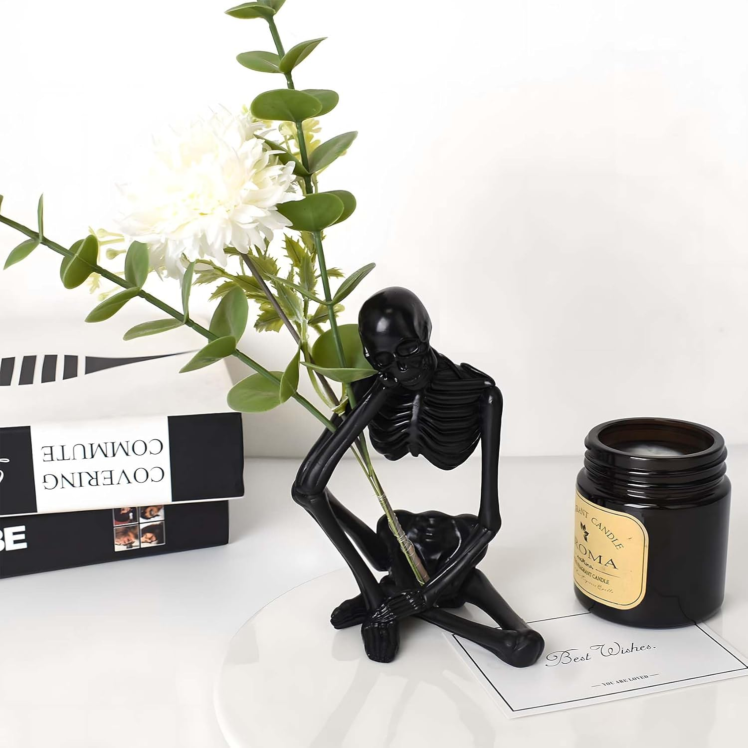 Loyzcy Thinker Statue Decor, Resin Sculptures Whimsical Home Decor, Black Skeleton Skull Abstract Aesthetic, Collectible Figurines for Table Office Shelf Decor image number 1