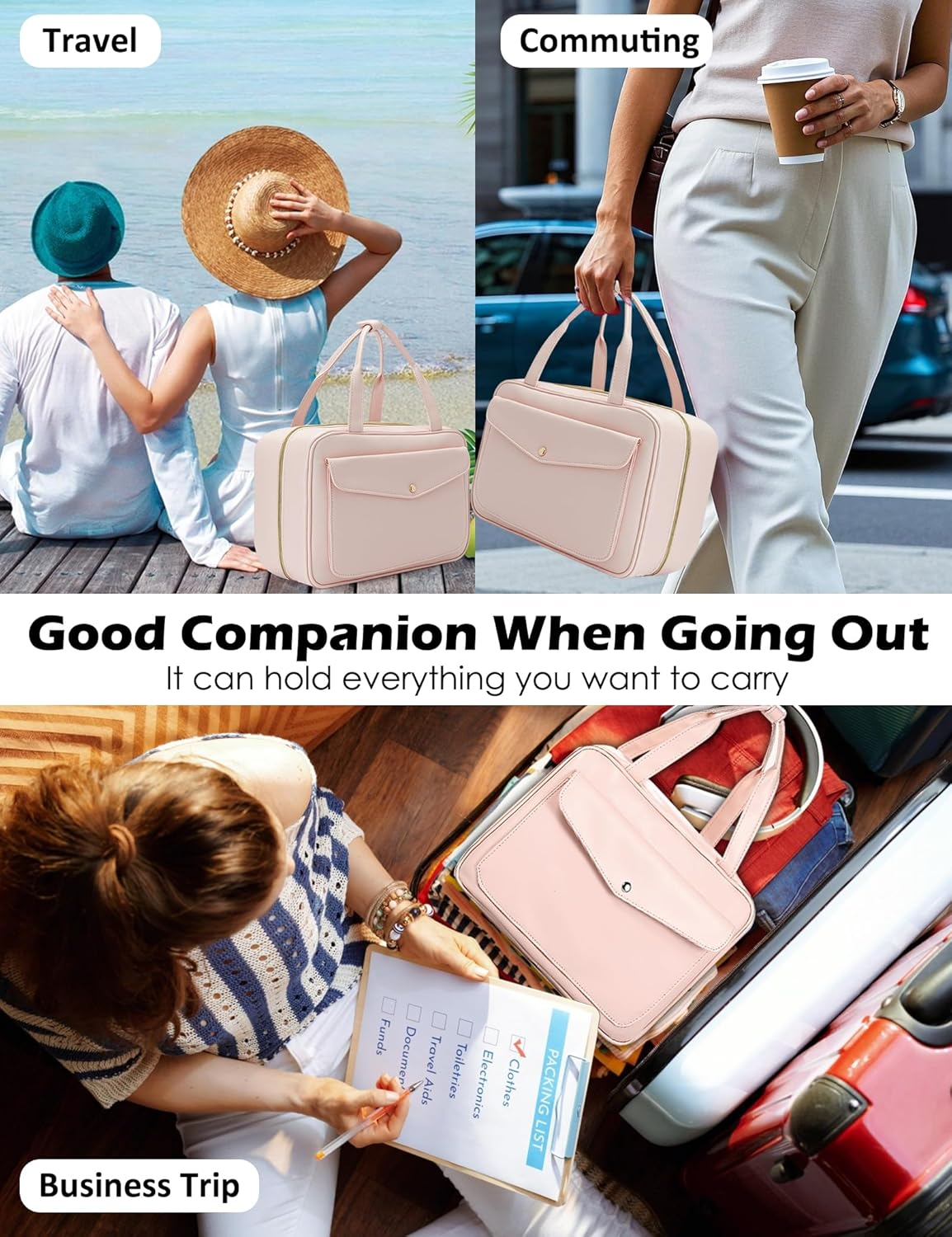 Travel Toiletry Bag,Hanging Leather Large Capacity Travel Wash Bag,Waterproof Portable Make up Bag,Travel Storage Skin Care Cosmetics Toiletries (Pink) - Black image number 7