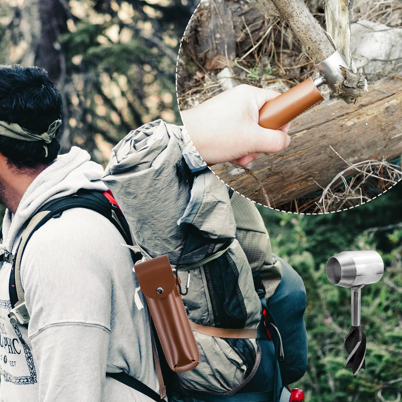 Hand Auger Wrench Manual Drill Wrench Bushcraft Gear for Survival Settlers Hand Auger Wood Drill Scotch Eye Wood Auger Drill Bit and Bushcraft Settlers Auger Tool with Protective Leather Case image number 2