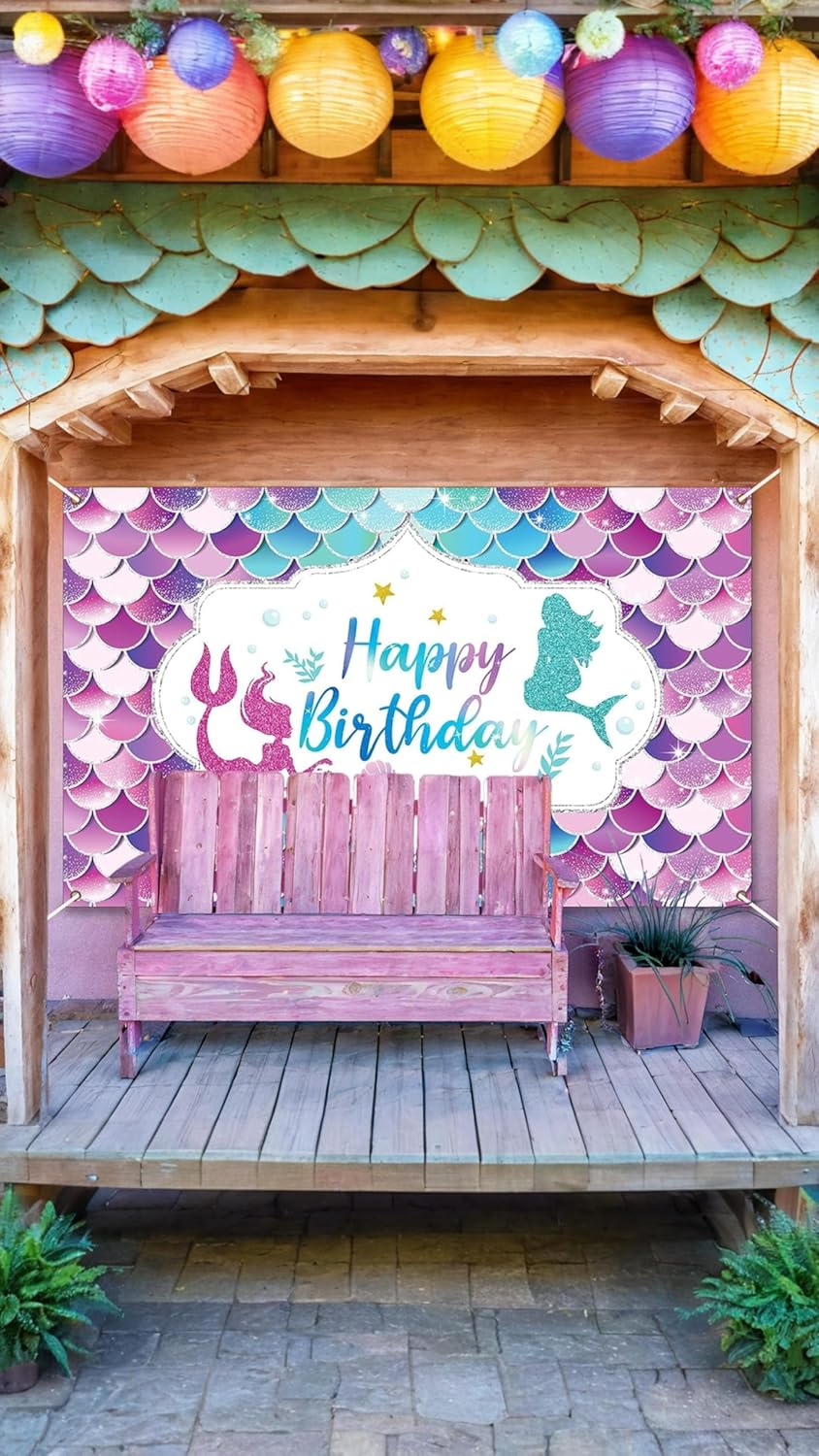 Honwor Mermaid Happy Birthday Backdrop Banner - under the Sea Princess Party Decor, Reusable, Indoor/Outdoor & Car Party Theme, Vibrant Colors, Easy Setup & Cleanup, for Kids & Teens image number 2