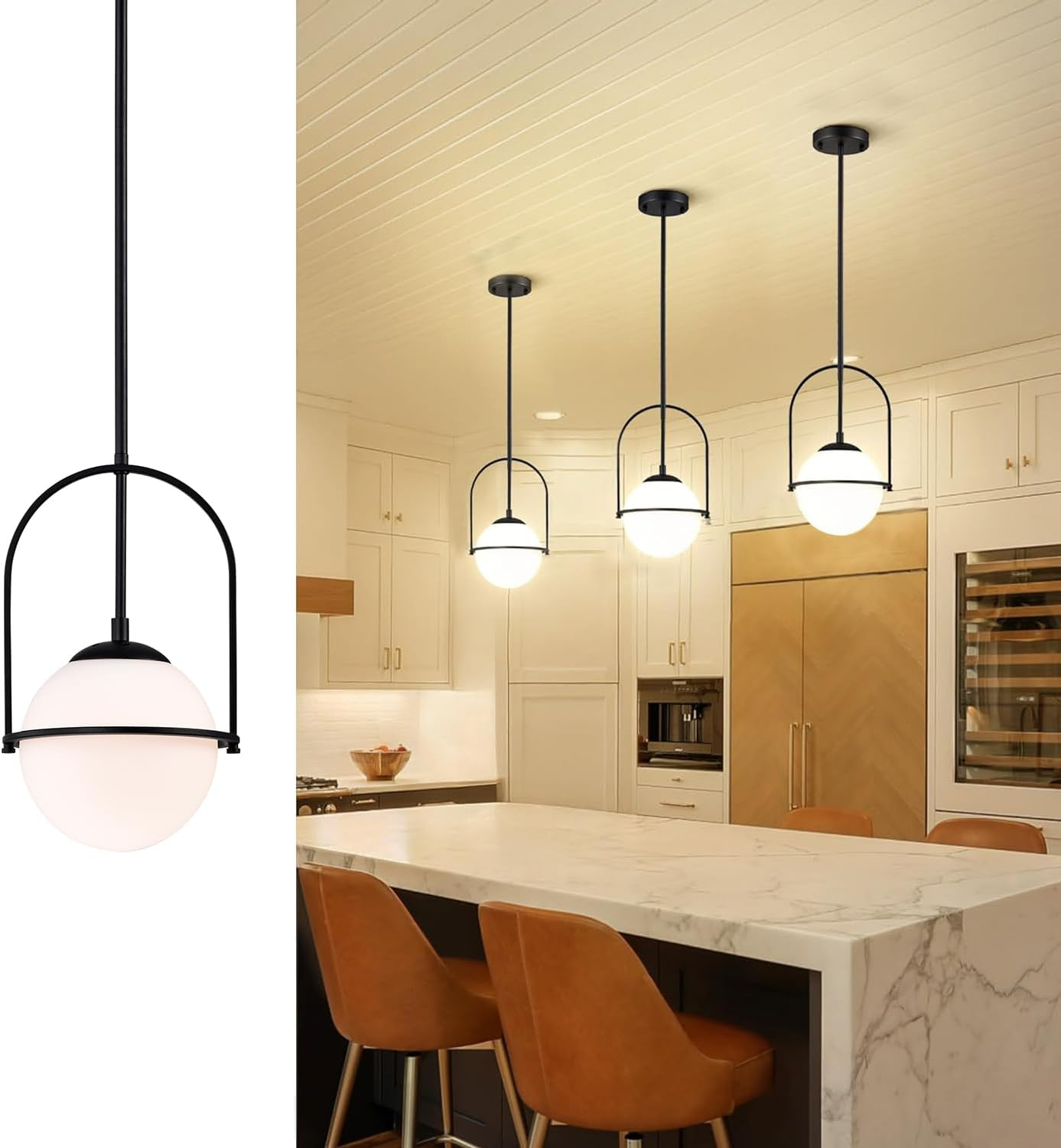 Black Globe Pendant Light, Mid Century Modern Hanging Light with 18 Cm (7.09") Glass Shade, Adjustable Pendant Light for Kitchen Island & Dining Room