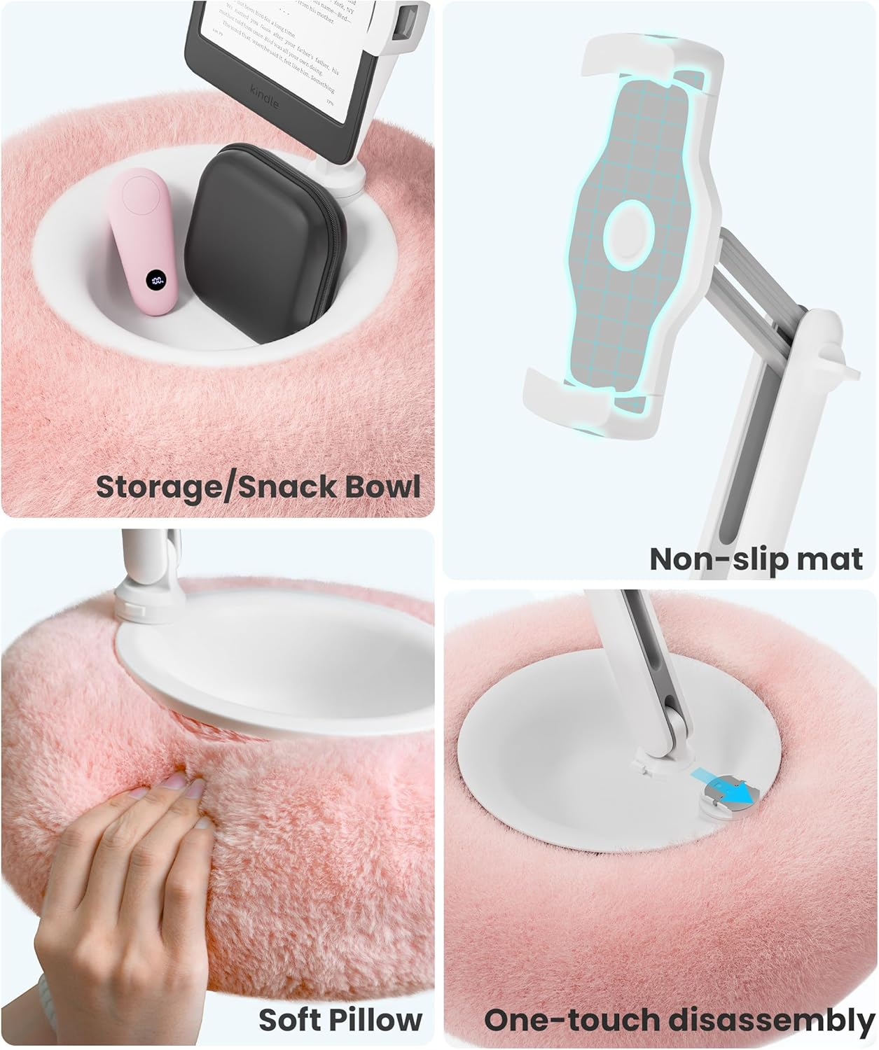 Tablet Pillow Stand with Kindle Page Turner for Reading in Bed, 360&deg;Adjustable Ipad Holder with Snack Bowl, Compatible with 4.7''-13''Kindle Accessories/Paperwhite/Ipad/Iphone/Samsung, Pink