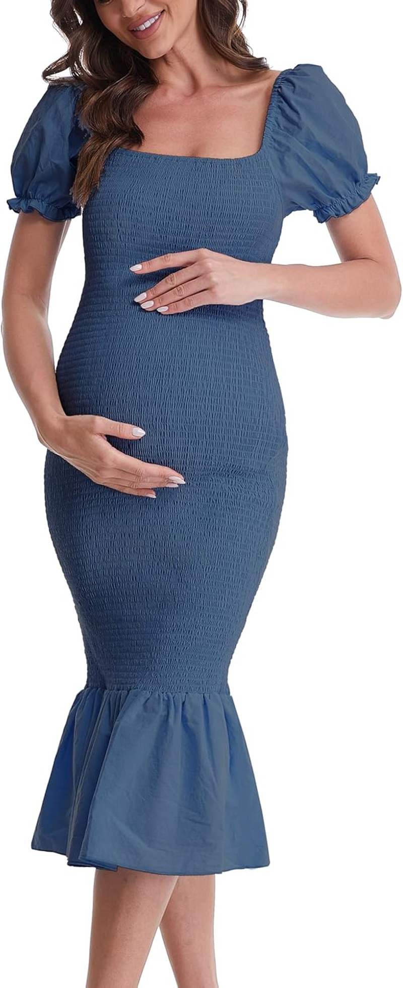 Maternity Summer Midi Bodycon Dresses, Short Puff Sleeve Square Neck Ruffle Hem Mermaid Baby Shower Dress, Lake Blue, Small