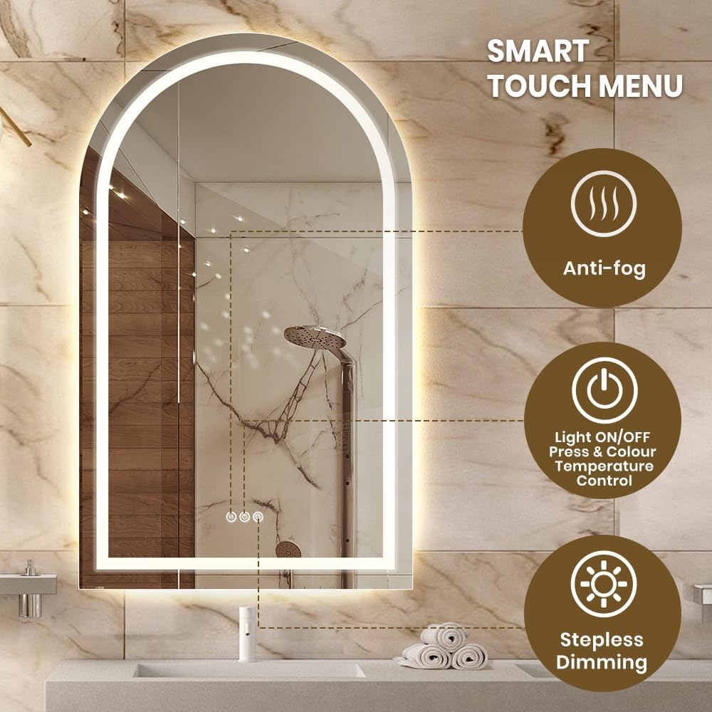 Simplus LED Bathroom Vanity Mirror Arch Mirrors Wall Light Vanity Shower Bathroom Make up Mirrors with anti Fog Smart Touch Switch Backlit and Front Light, 60X100Cm image number 6