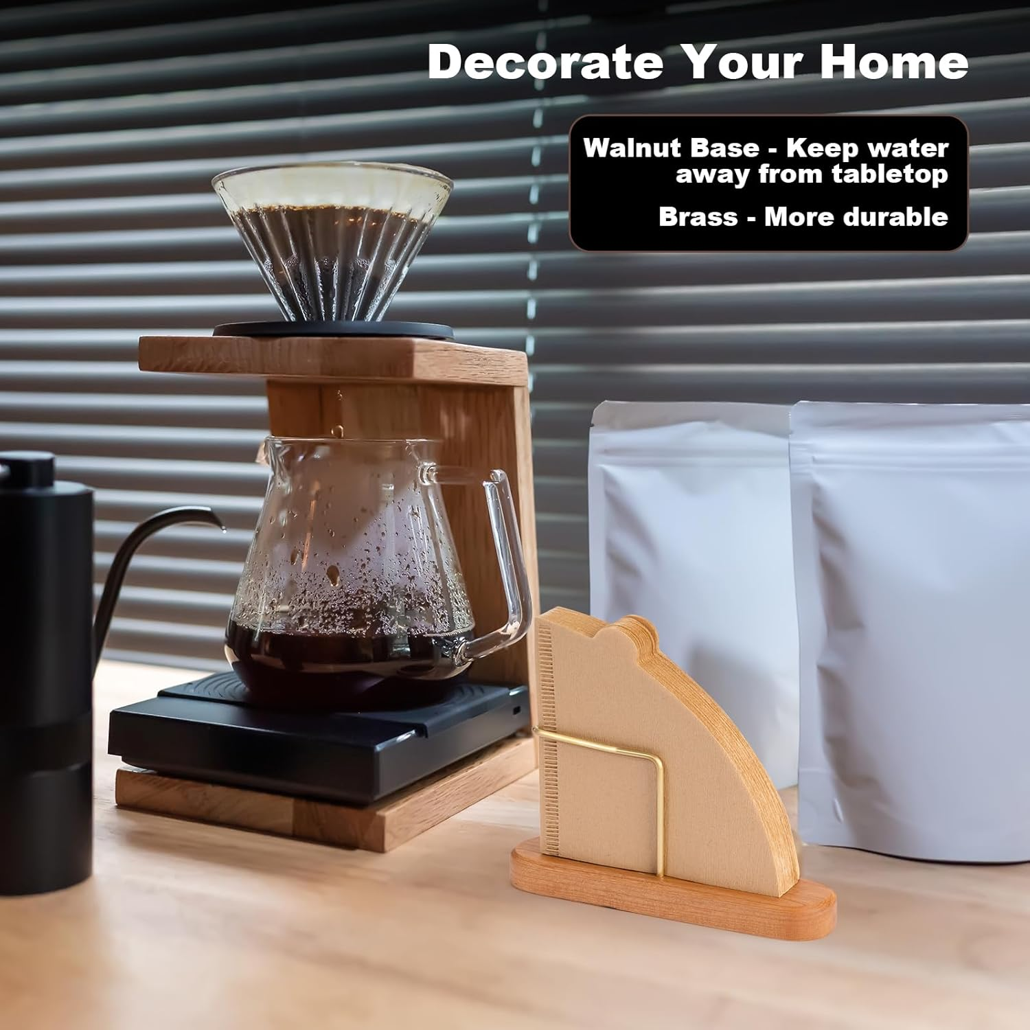 Coffee Filter Holder, Cherry Wood and Brass, V60 Cone Paper Coffee Filters Size 01 and 02, 40Pcs, 1 Count