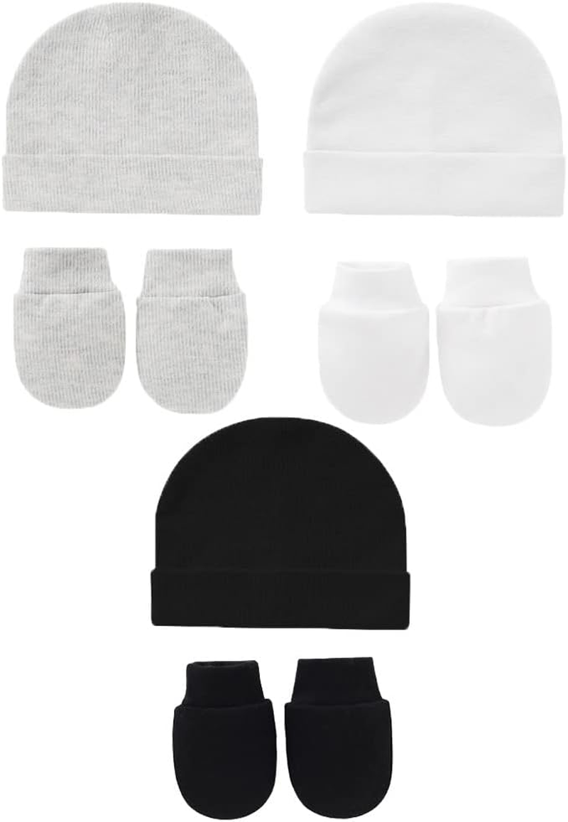 Cotton Newborn Hospital Hat Baby Hat and anti Scratch Mittens Set for 0-3 Months Newborn Baby Boys Girls Essentials Bonnet Infant Beanie Caps and Gloves 6Pcs