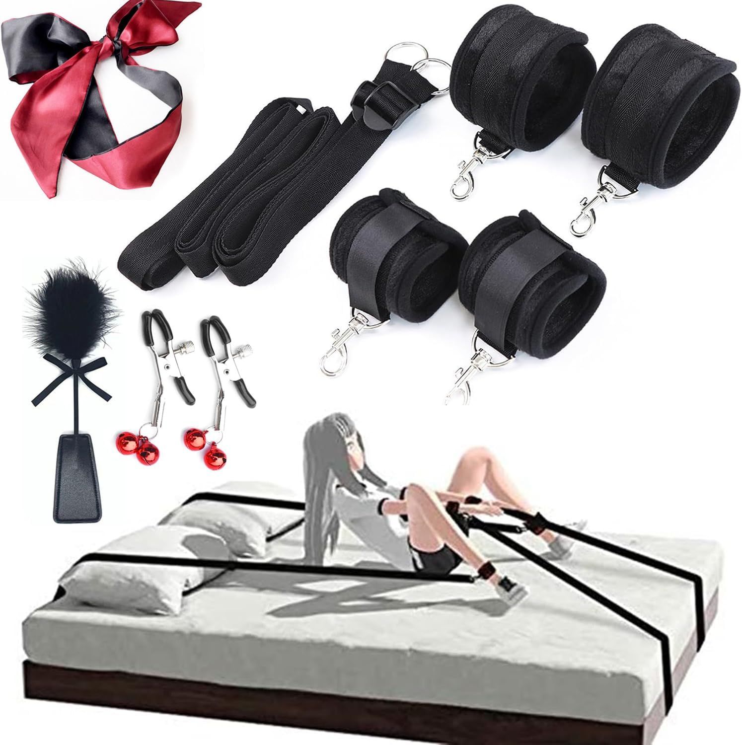 BDSM Kit Sex Bondage Kit Adult Bed Restraint Sex Bonding Straps for Couples Adjustable Spreaders Bar Adult Play Wrist Ankle Cuffs Sex Hand Ties for Women Soft Handcuffs Set Sex Furniture for Bedroom image number 2