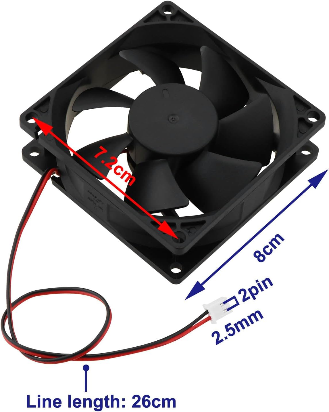 Be in Your Mind 1Pc 80Mm X 80Mm X 25Mm Brushless Cooling Fan DC 24V 0.15A Dual Ball Bearing Fan 2Pin Plastic 8025 7 Blades Cooling Fan Black image number 4