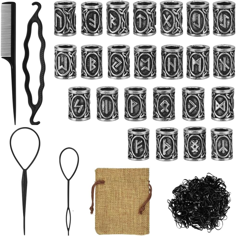 DECARETA Beard Beads for Men,24 Piece Vikings Runes Beads Norse Dreadlock Beads Hair Tube Beads with Rubber Bands,Plastic Bun Curler Pull Hair Pin Quick Beader with Pouch for Men Women Braiding Ties, image number 5