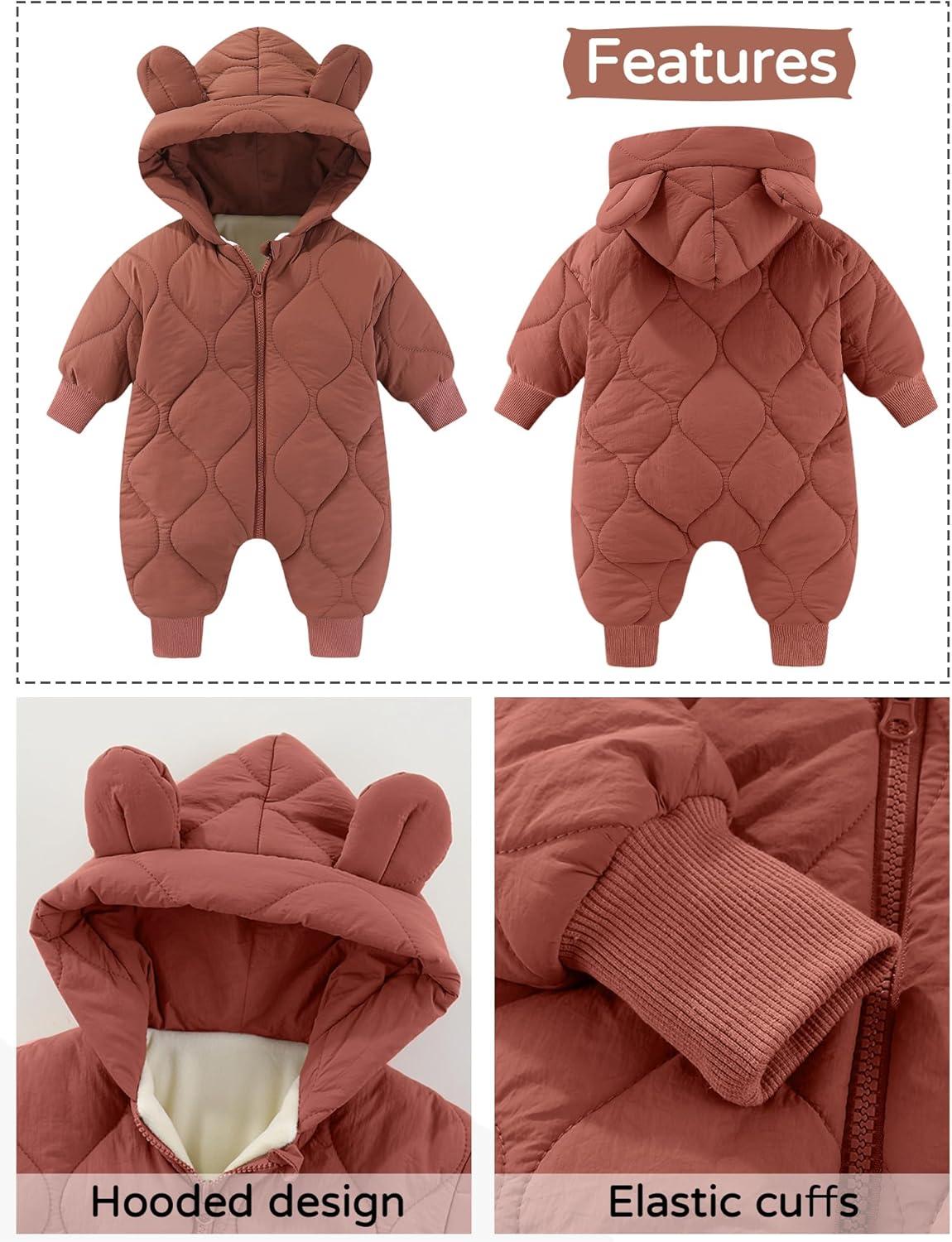KEOYA Baby Girls Boys Winter Snowsuit Warm Fleece Lined Romper Zipper Padded Thick Puffer Jumpsuit image number 5