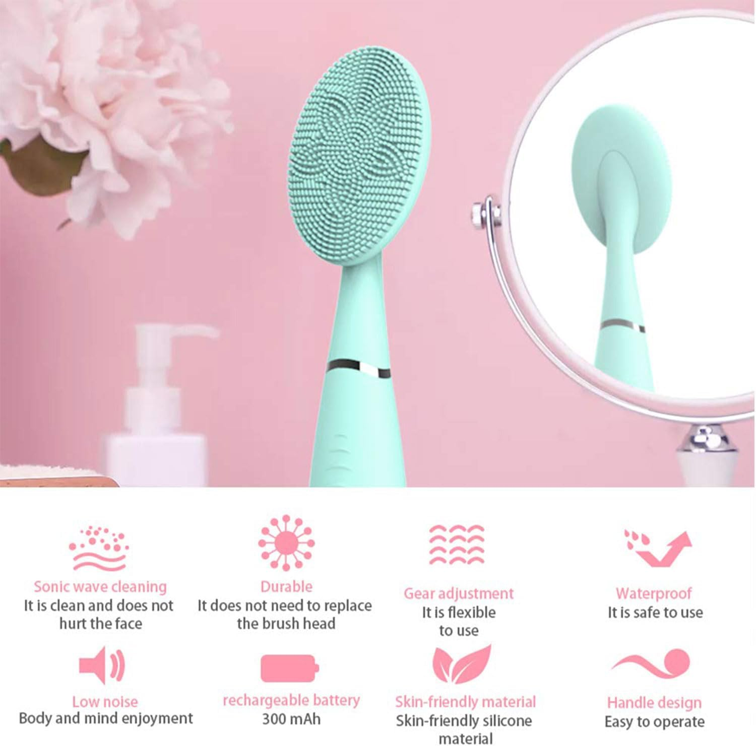 Sonic Facial Cleansing Brush, Lyrzzey Portable Handled Face Cleansing Brush with 5 Adjustable Speeds Vibrating Rechargeable Face Cleansing Brush for Deep Cleaning Gentle Exfoliating Massaging(Blue) image number 5