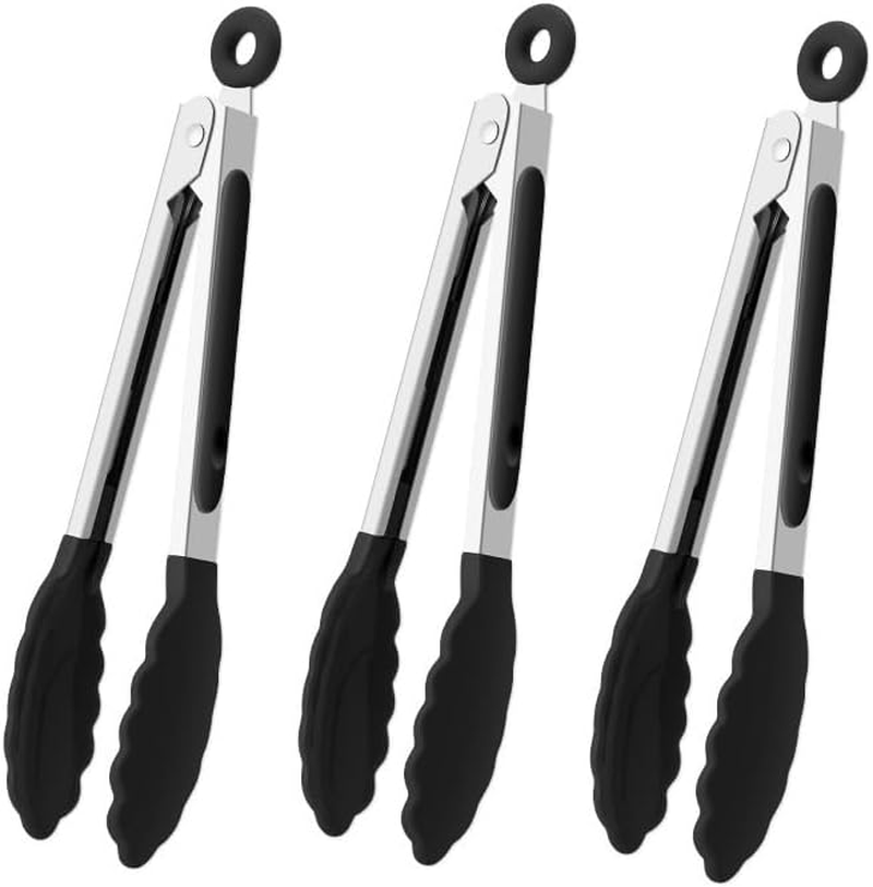 Set of 3 7-Inch Small Silicone Tongs Mini Serving Tongs Kitchen Barbecue Clip Anti-Scalding Barbecue Clip (Black, One Size) image number 1