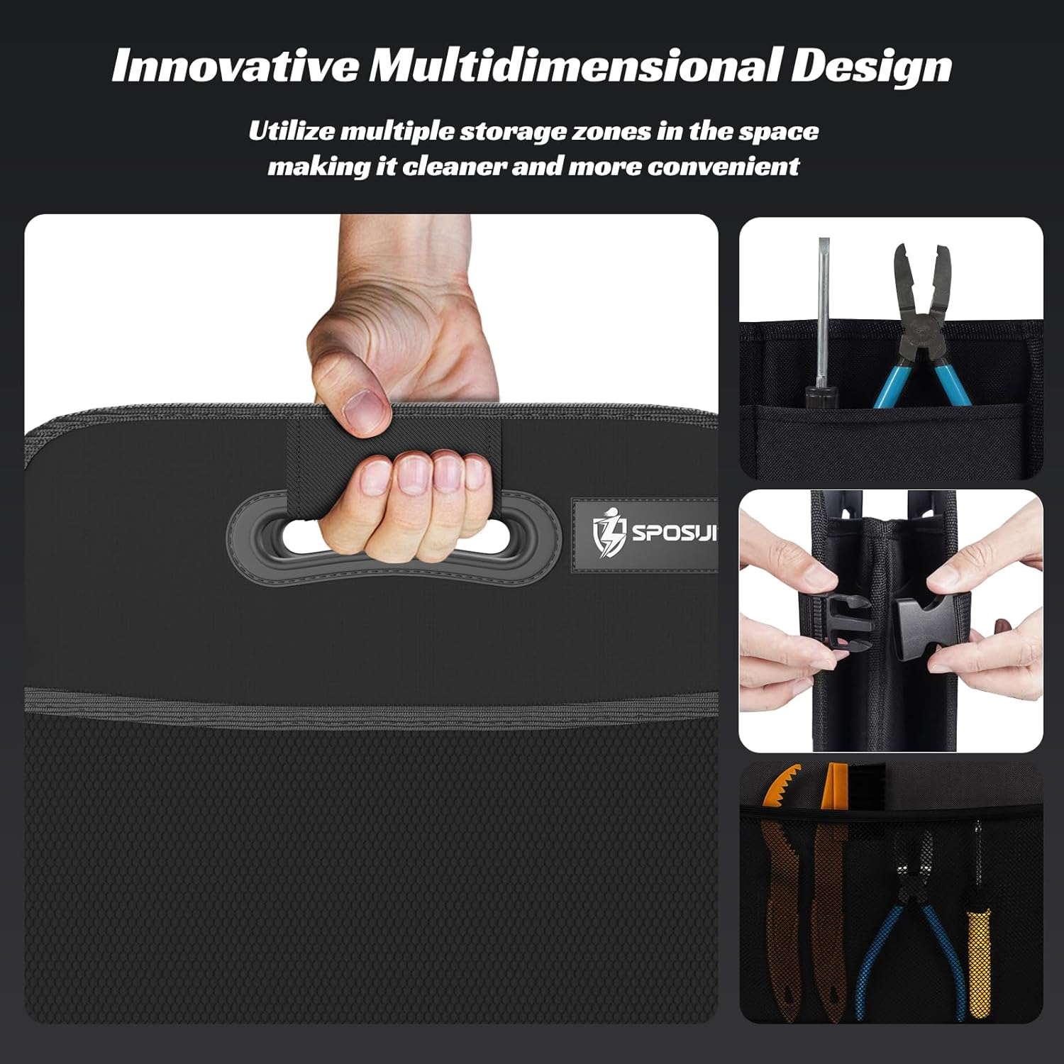 Sposuit Trunk Organizer for Car - Collapsible Trunk Storage with 11 Pockets & Reinforced Handles, SUV Trunk Organizers for Grocery Cargo(Black) image number 2