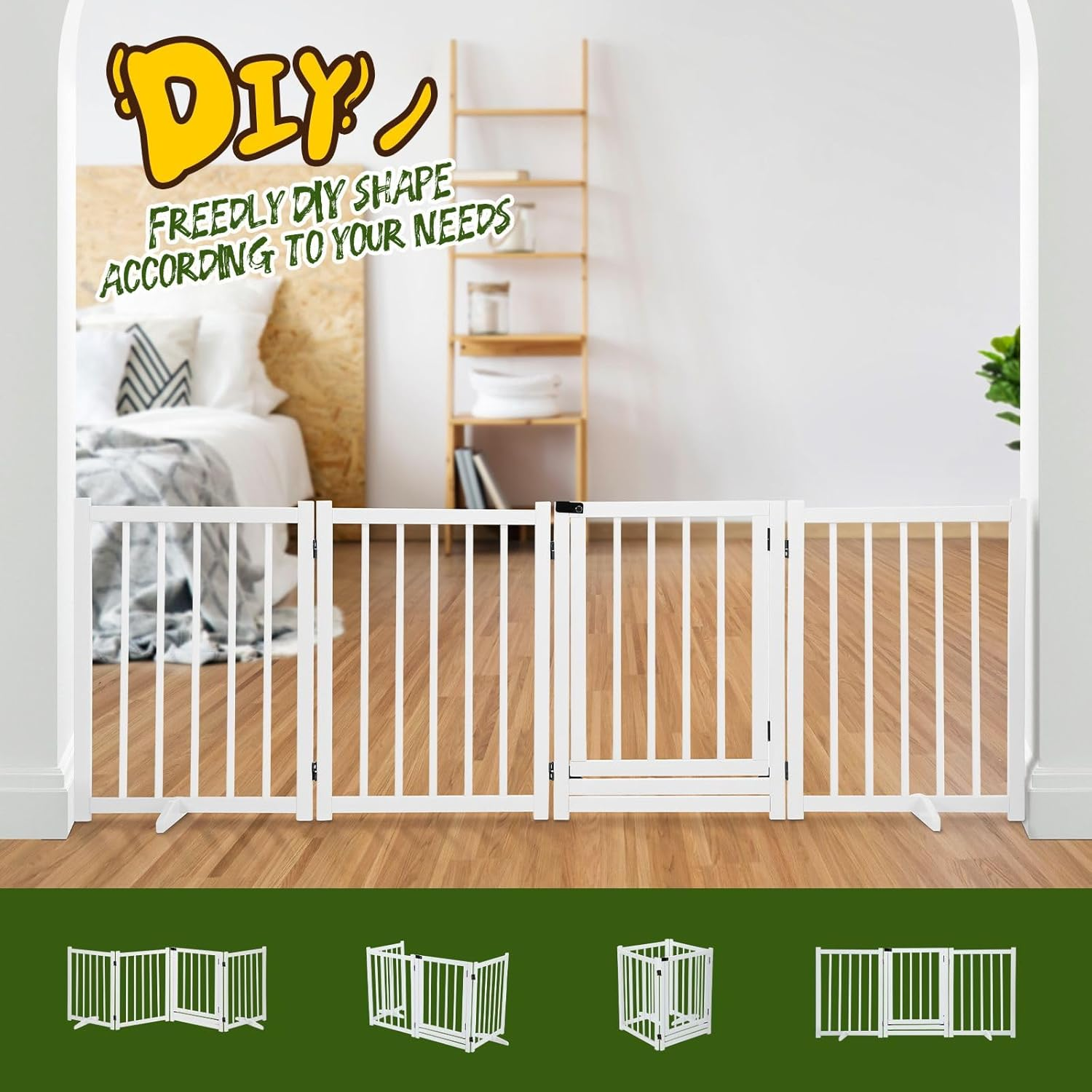 Pet Scene 4 Panel Pet Playpen for Puppy, Foldable Pet Safety Gate Wood Enclosure Security Fence Freestanding Dog Stair Doorway Tall Barrier with Door Indoor