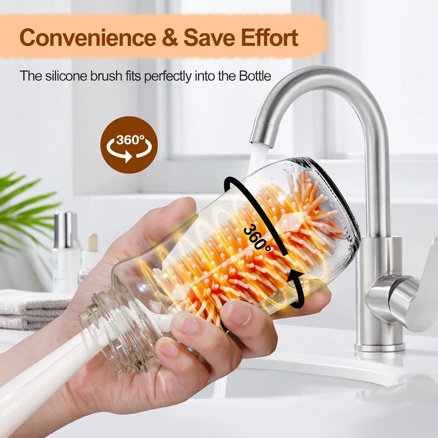 Baby Bottle Brush Set,Travel Bottle Cleaner Kit with UV Light,Silicone Bottle Brush,Nipple Brush,Straw Cleaner,Drying Rack,Baby Bottle Brushes for Cleaning,Baby Essentials for Home and Travel,Orange