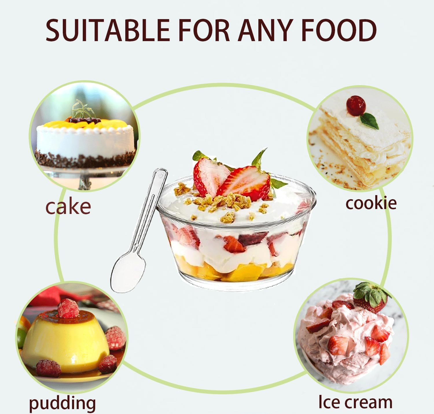 50 Mini Dessert Bowls with Spoons, 140Ml Circular Reusable Dessert Bowl, Transparent Plastic Dessert Bowl, for Parties, Birthdays, Puddings, Yogurt and Ice Cream. image number 3