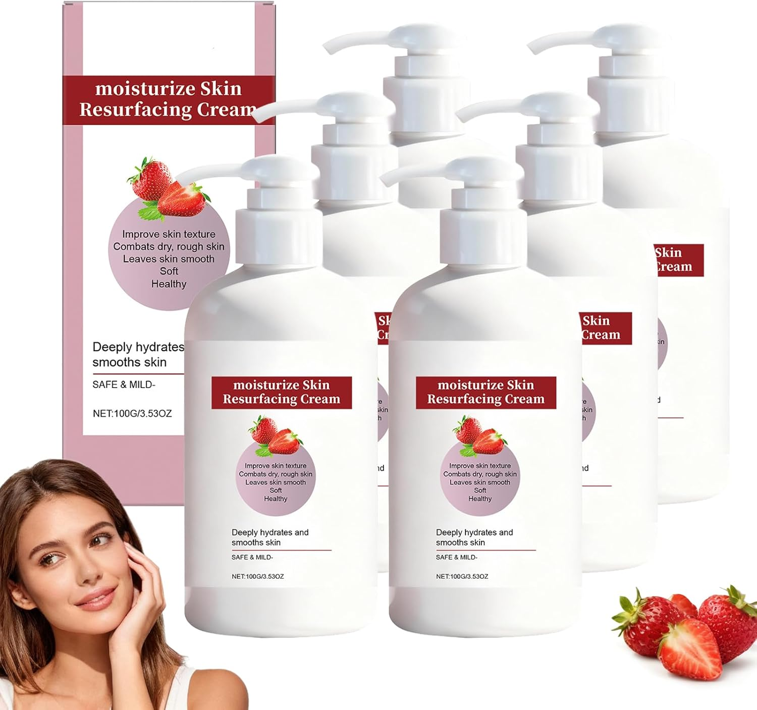 Strawberry Skin Resurfacing Cream, Strawberry Smoothing Cream, Body Moisturising for Rough & Bumpy Skins, Hydrating Body Lotion, Smoothes Texture & Evens Tone, Daily Care for Arms & Legs (6Pcs)