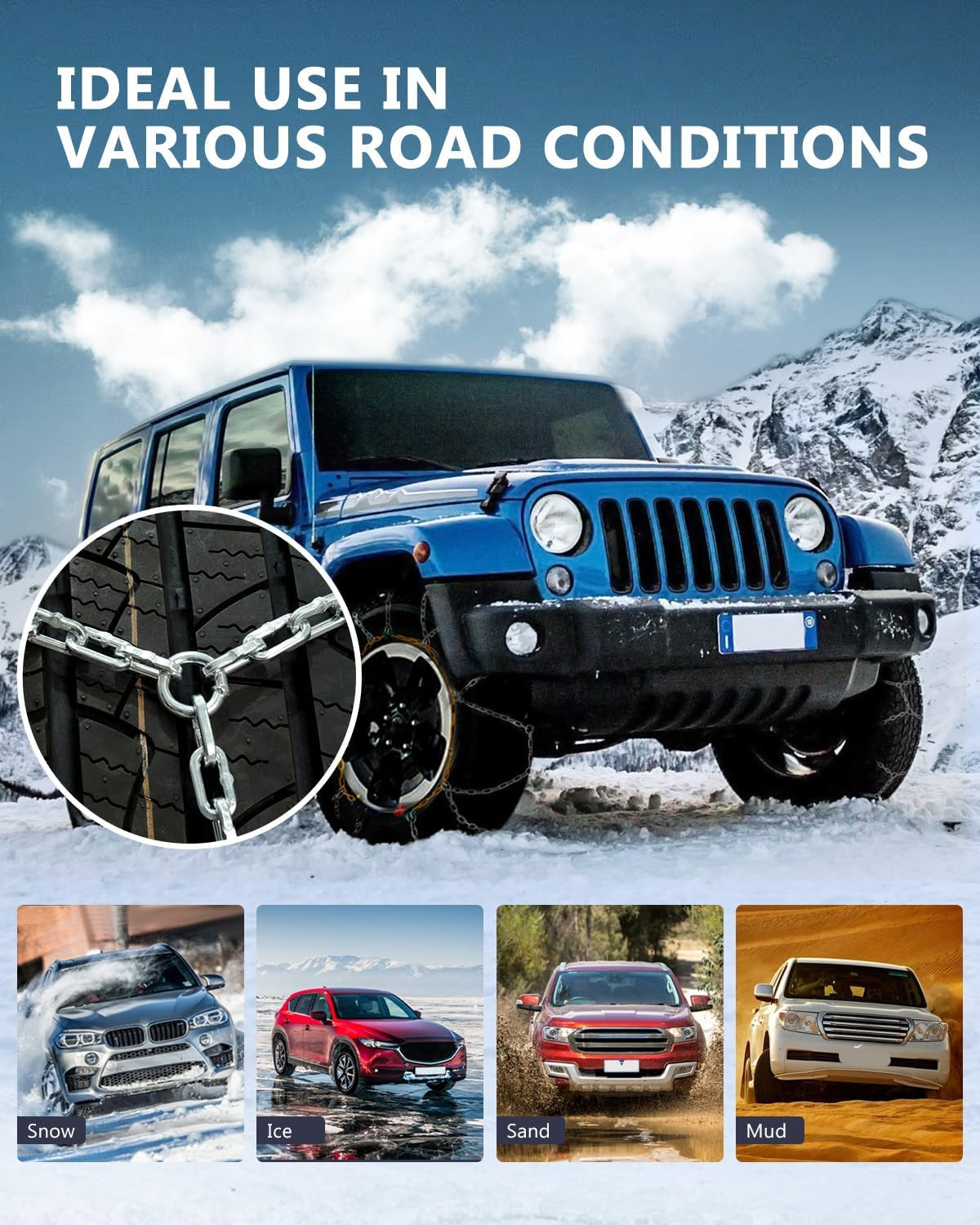 SCITOO KN110 Snow Chains Quick Easy Installation,Tire Traction Chain for Car Pickup Trucks Suv,Adjustable Universal Emergency Thickening Tire Chains Width 215 225 235 245(15" 16" 17" 18")- Set of 2 image number 6