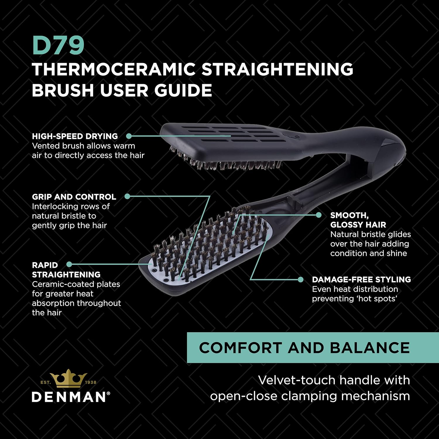Denman D79 Thermoceramic Hair Straightening Brush - with Boar Bristles - for Wide, Wavy, Curly, Coily Hair &ndash; Black
