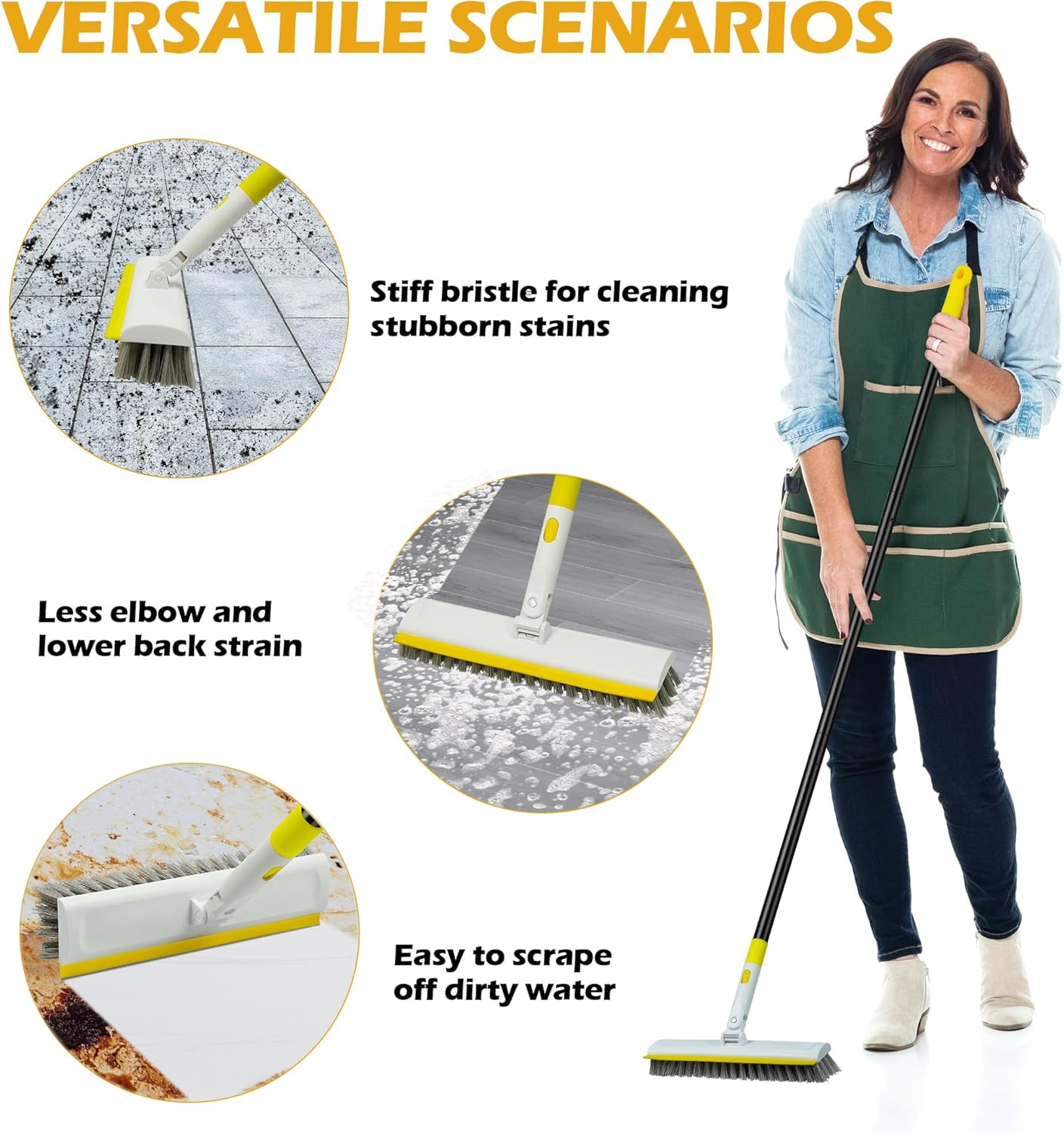 DALIPER Floor Scrub Brush with 50" Long Handle for Cleaning, 2 in 1 Scrape Scrubber Brush with Squeegee, 180&deg; Rotating Tile Tub Scrub Brushes Attachment for Clean Bathroom Deck Kitchen and Floor Wall image number 1