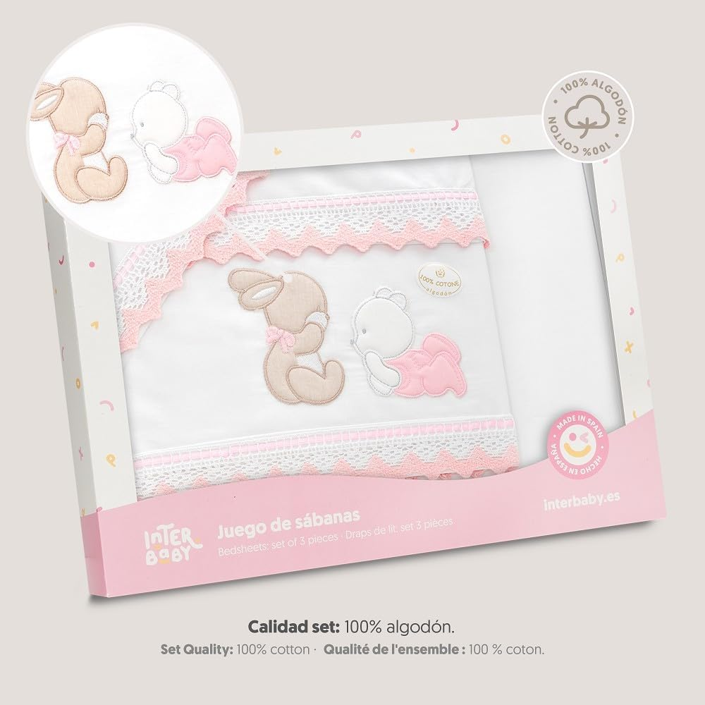 Interbaby Cotton Baby Bedding - Car/Moses/Carrycot - Bear Rabbit Lying down - 3 Piece Set - Fitted Sheet + Duvet Cover + Pillowcase image number 2