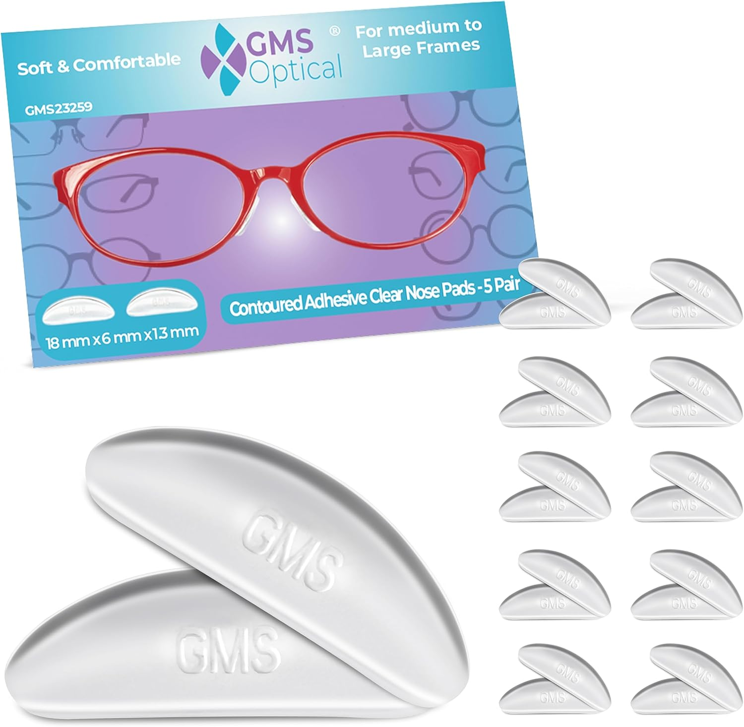 GMS Optical&reg; 1.3Mm Ultra-Thin Anti-Slip Adhesive Contoured Silicone Eyeglass Nose Pads with Super Sticky Backing - 5 Pair (Clear - 2 Pack)