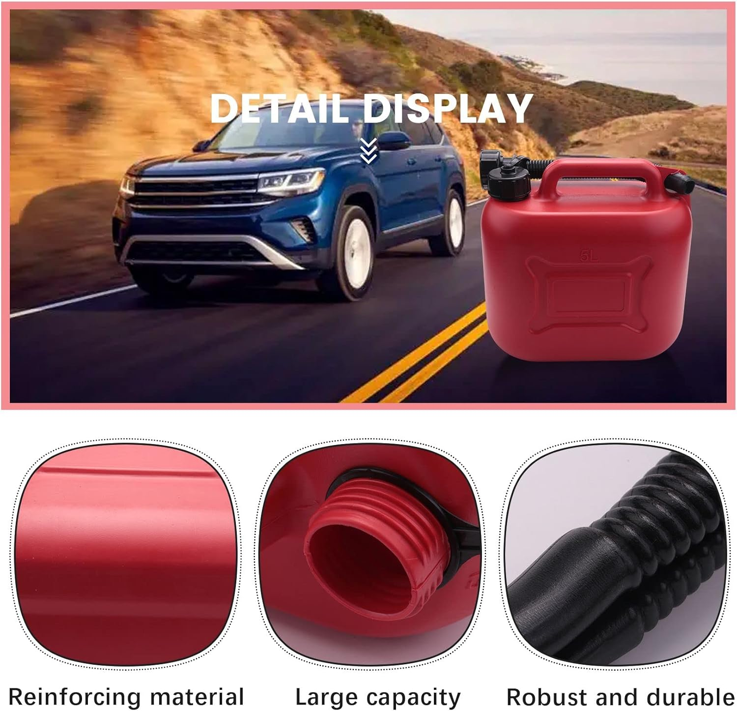 5L Car Fuel Tank Can Spare Plastic Petrol Gas Container Anti-Static Fuel Carrier with Pipe for Car Travel image number 1