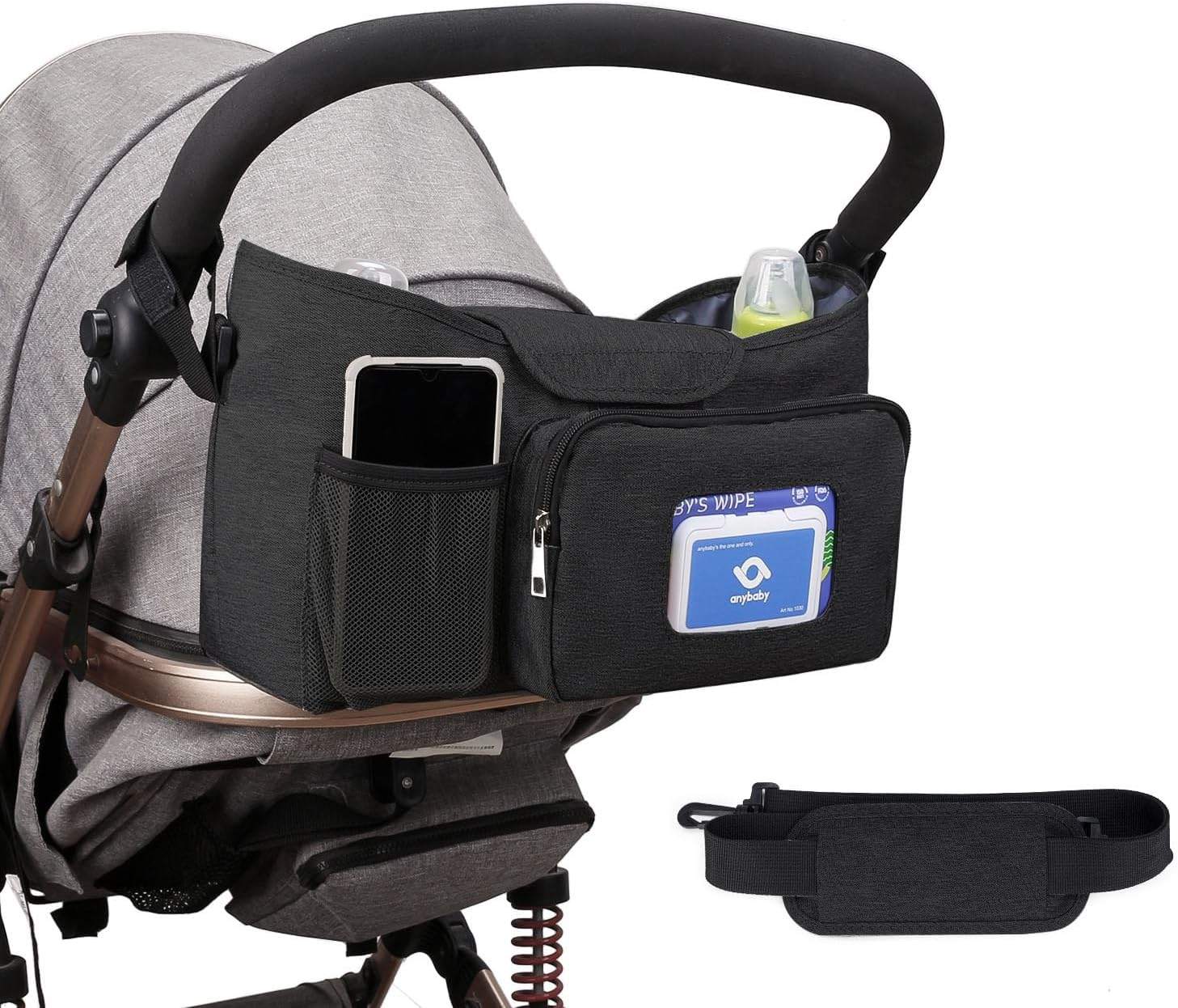 Baby Stroller Organizer with Cup Holders, Universal Stroller Accessories Caddy Storage Bag with Detachable Bag & Shoulder Straps for Carrying Diaper, Phone, Keys, Toys & Snacks (Balck) image number 5