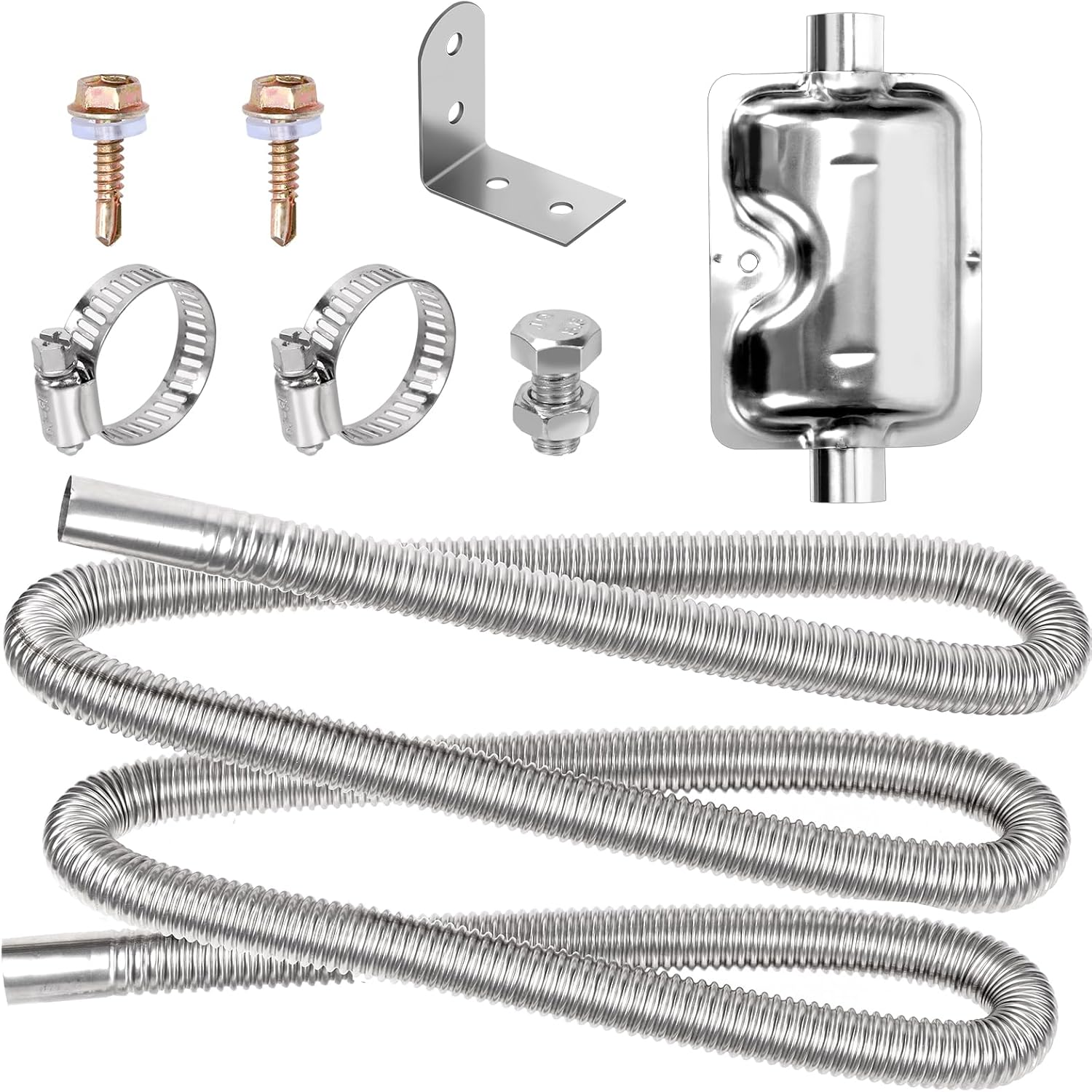 Tanstic 8Pcs Stainless Steel Diesel Heater Exhaust Pipe, Parking Air Heater Exhaust Pipe, Fuel Tank Diesel Gas Vent Hose with Muffler and Clamps (300Cm/118 Inch)