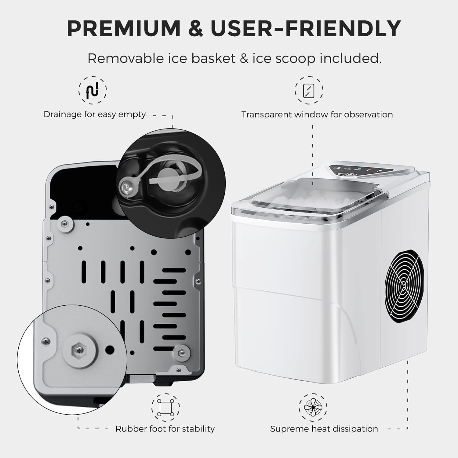 Cobuy Self-Cleaning Ice Machine Countertop, 9 Cubes Ready in 6 Mins, 12KG in 24Hrs, Portable Ice Maker Machine for Home Kitchen Office Bar Party, White image number 2