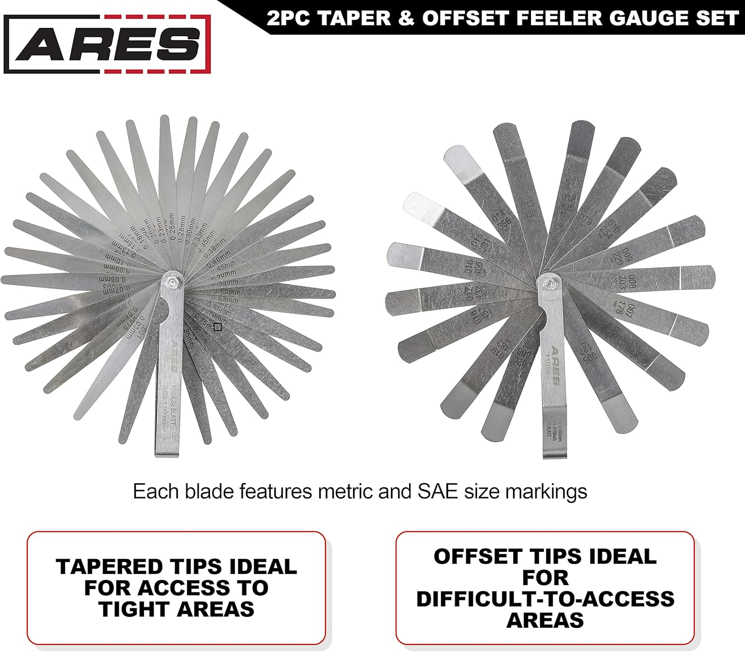ARES 11042-2-Piece Tapered Feeler Gauge and Offset Feeler Gauge Set - Tapered Gauge Has 32 Dual-Marked SAE & Metric Sizes - Offset Has 16 Dual-Marked Sizes - Precisely Measure Mechanical Clearances image number 4