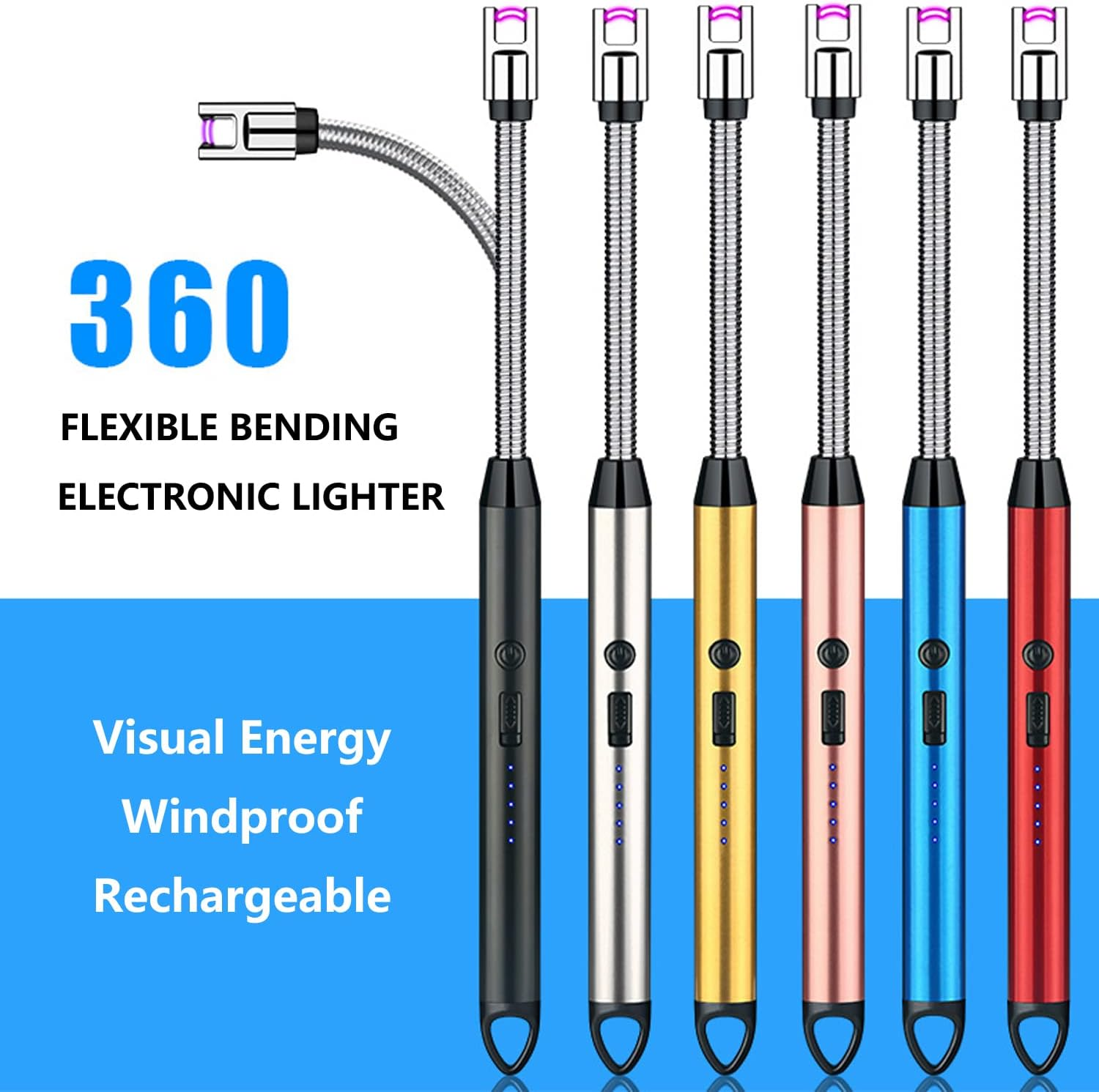 Candle Lighter, Electric Lighter Rechargeable Flameless Long Lighter with Battery Indicator Windproof 360&deg;Flexible Arc Lighters for Candle Grill Kitchen Gadgets Stove Fireplace BBQ Camping, Safe Lock image number 6