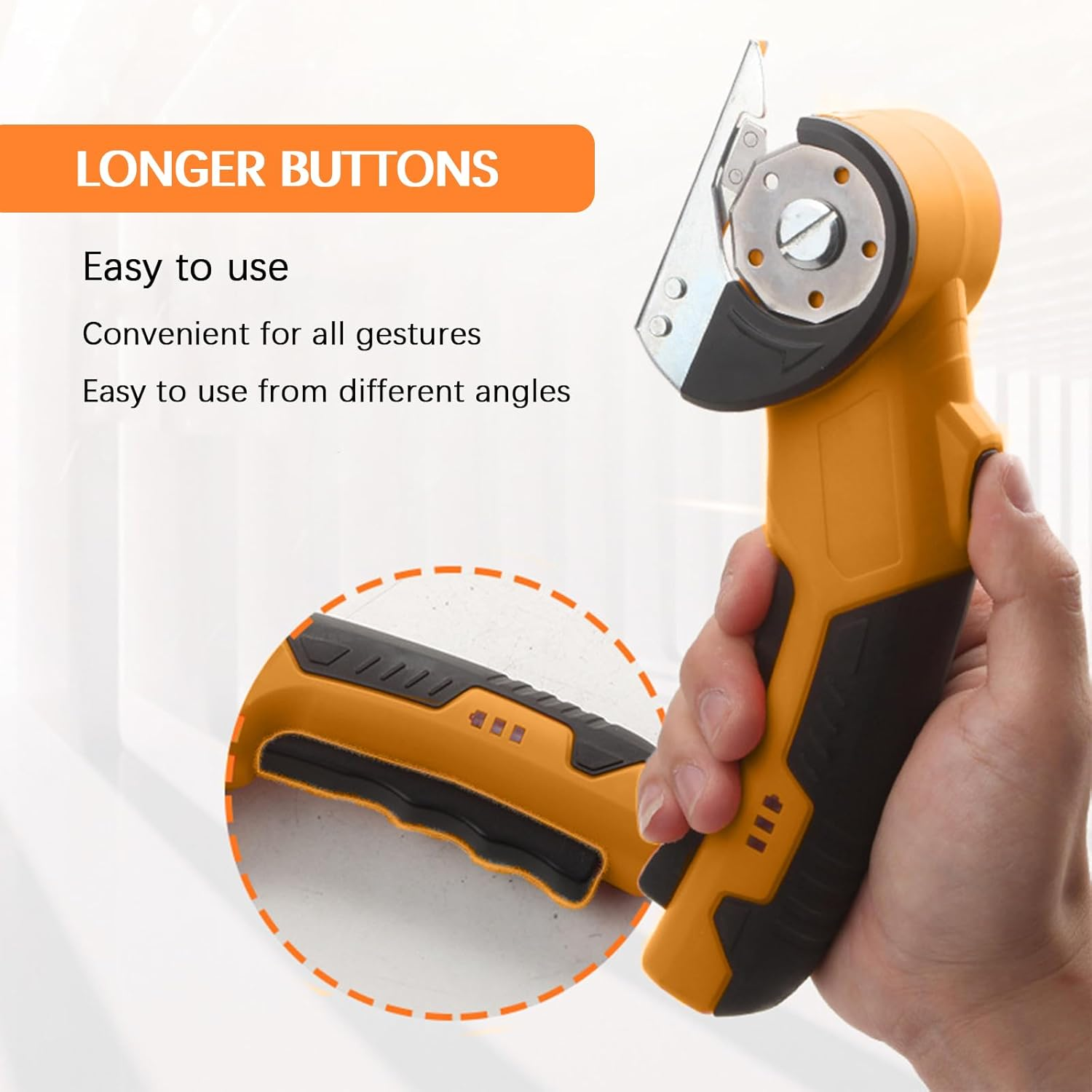 Migazelle Electric Scissors, Cordless Rotary Box Cutter for Cardboard, Fabric, Leather, Plastic & Carpet, USB Rechargeable, Safety Lock, LED Light, Ergonomic Design for Easy Cutting (Yellow)