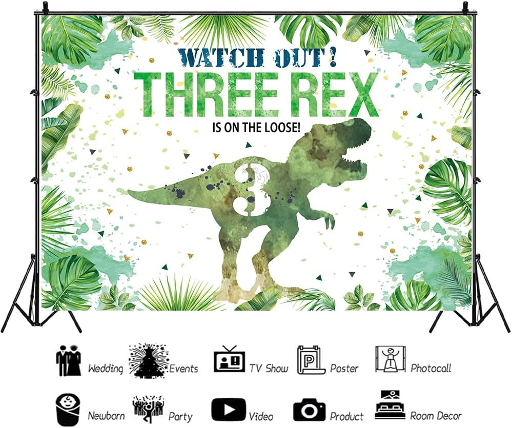 Hilioens 7&times;5Ft Three-Rex Birthday Backdrop for Boys Dinosaur 3Rd Birthday Green Leaf Background 3 Years Old Dinosaur Theme Party Banner Decorations image number 6