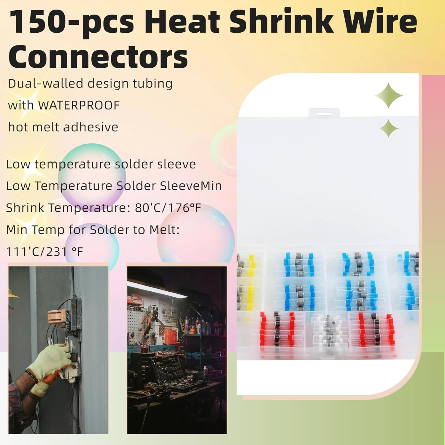 JESSINIE 150 Pcs Solder Seal Wire Connectors Kit, Heat Shrink Waterproof Electrical Butt Terminals for Marine Automotive Trailer RV, Boat Truck Wiring with Assortment Box image number 1