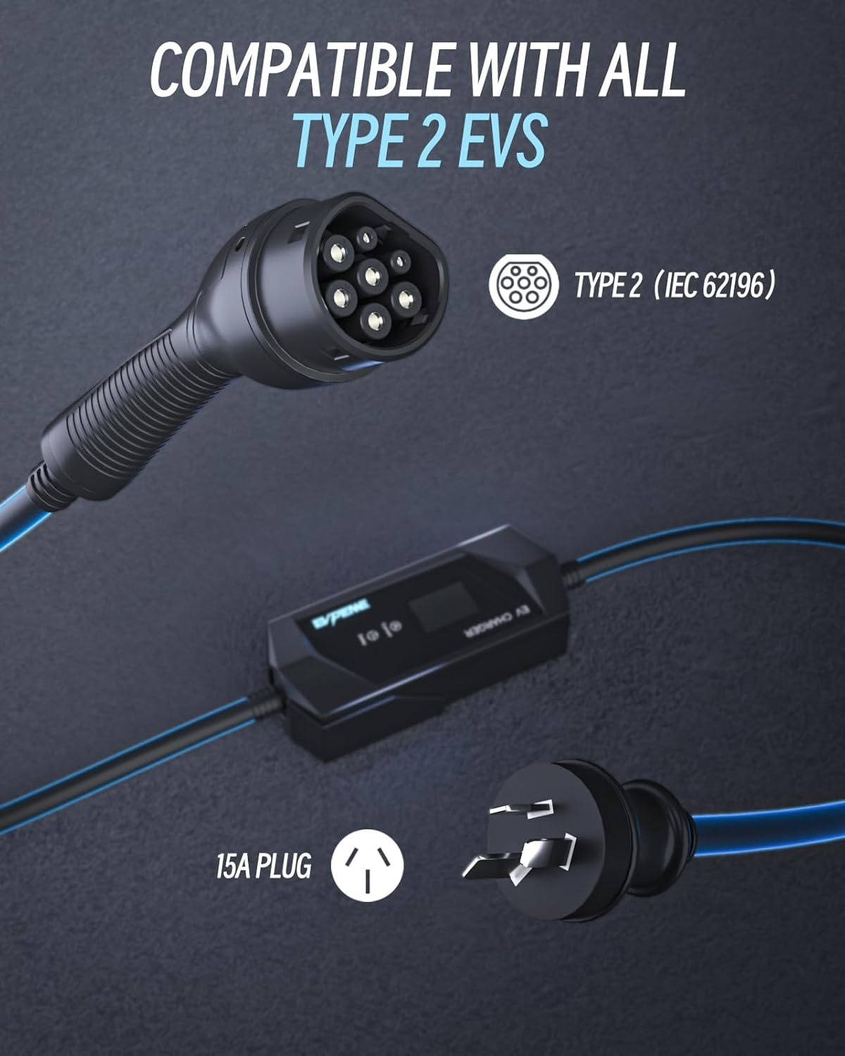 EVPEIWE Type 2 EV Charger 10A/15A EV Charging Cable with Australian 15A Plug/10A Adapter Adjustable Current Portable Type 2 Charger for Tesla BYD MG All IEC-62196 Evs, Black/5M image number 6