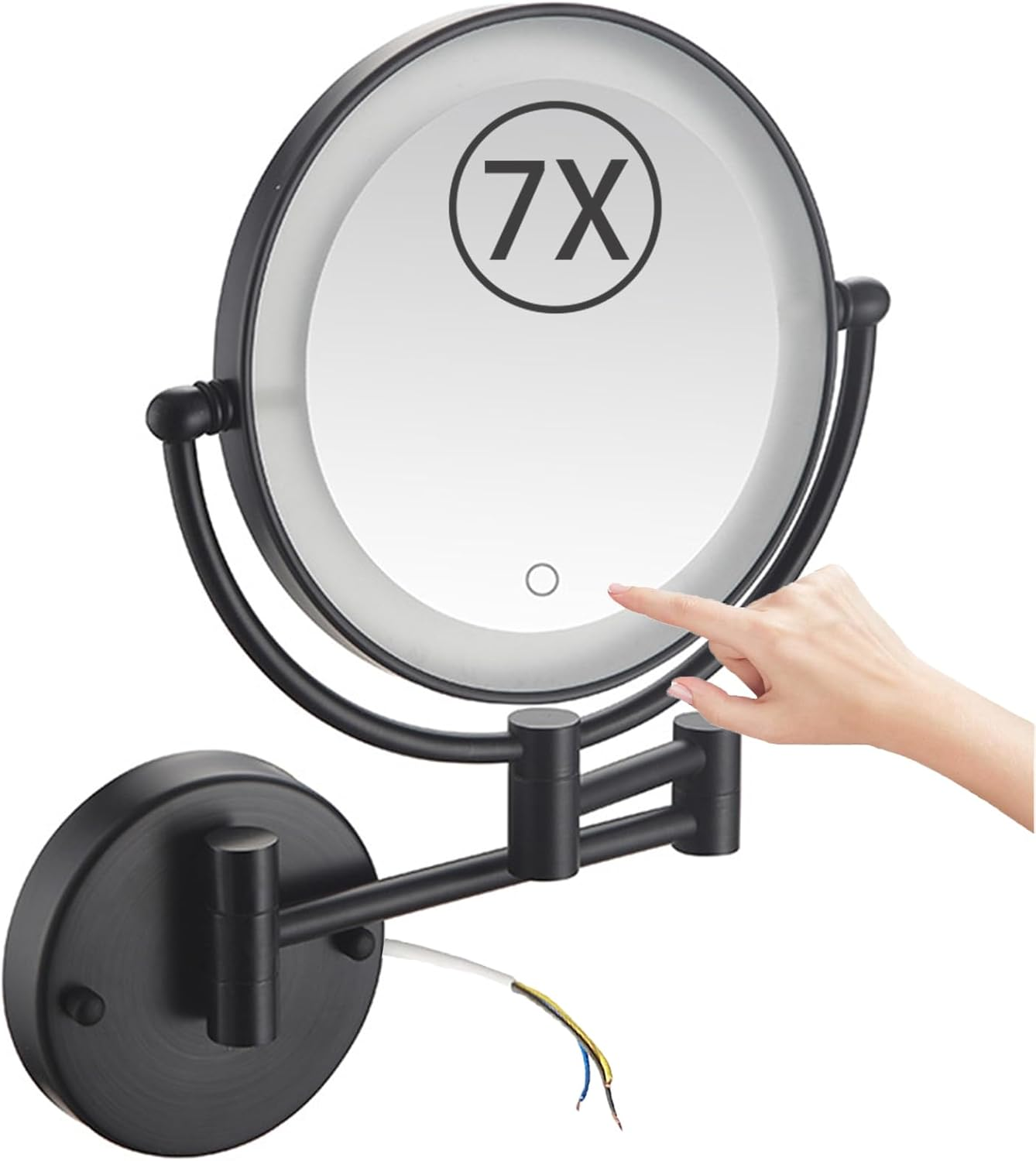 8" Wall Mounted Lighted Makeup Mirror, Stepless Dimming Hardwired Magnifying Vanity Mirror, Extendable LED Bathroom Shaving Mirror,Chrome,7X