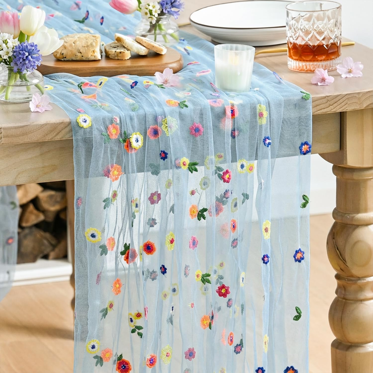 Artoid Mode Black Embroidery Daisy Gauze Table Runner 120 Inch 10FT, Seasonal Sheer Kitchen Dining Holiday Wedding Birthday Table Decor for Home Party