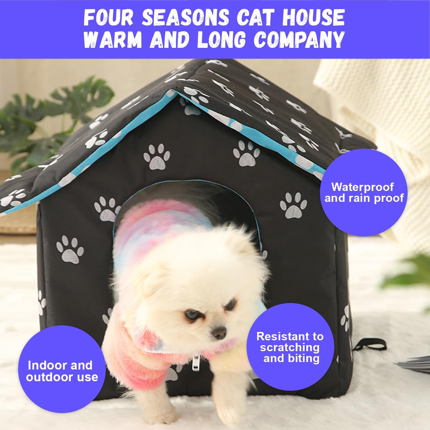 HOMURY Cat House for Outdoor Winterproof: Foldable Cat House, Washable, Weatherproof, Waterproof and Warm, Outdoor Pet House, Oxford Pet House for Stray Pets, for Small Dogs, Cats image number 5