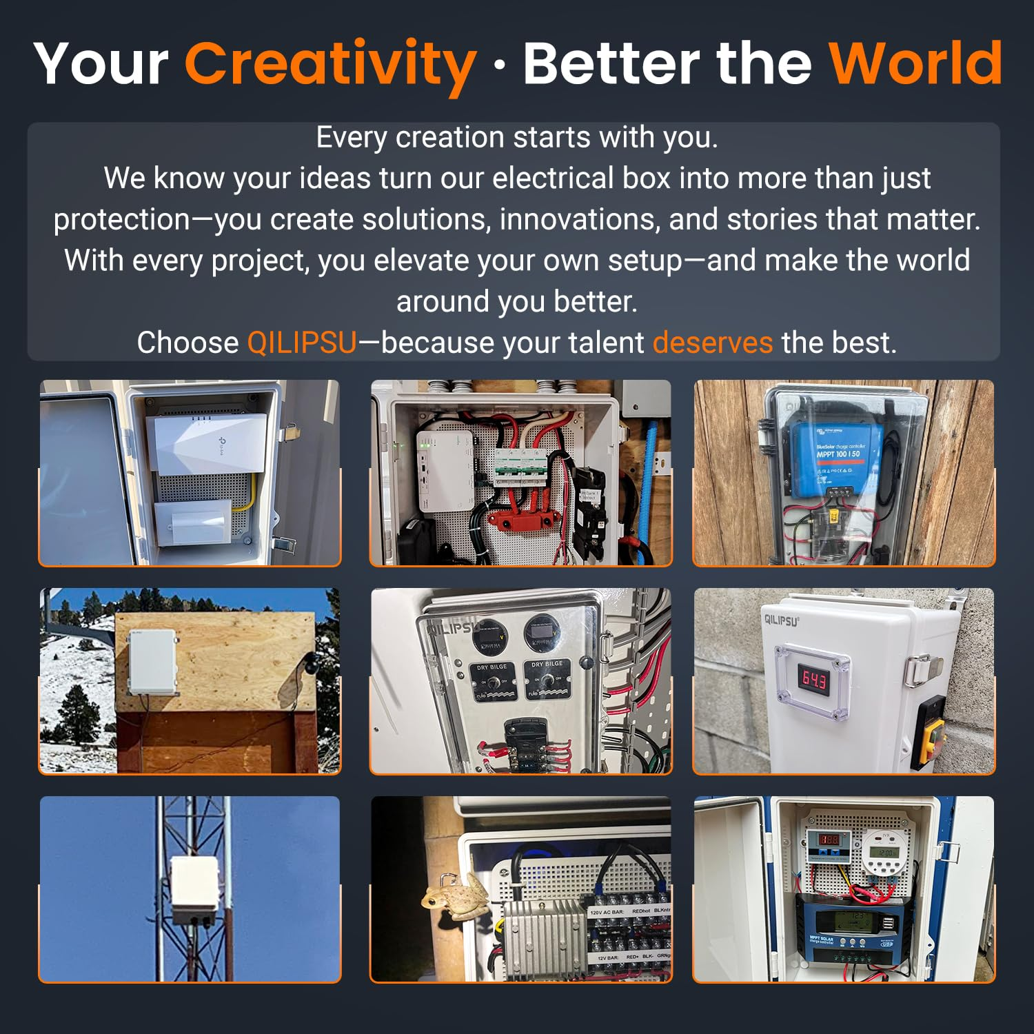 QILIPSU Junction Box with Mounting Plate Hinge Door Dustproof Box ABS Plastic DIY Electrical Project Case IP67 Waterproof Enclosure Grey 370X270X150Mm (14.6"X10.6"X5.9")