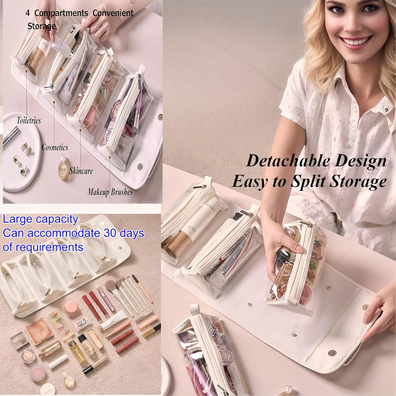 Febohao Travel Toiletry Bag 4 Detachable Clear Multi Compartment Hanging Toiletry Bag Women Waterproof Foldable Travel Bag Wash Accessories Makeup Bag