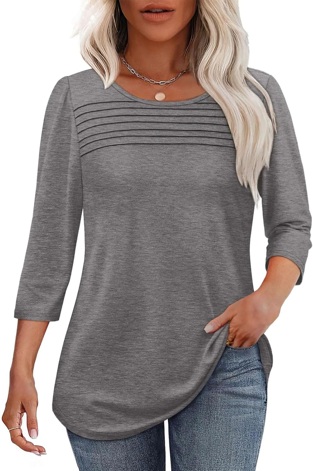 2025 Women'S 3/4 Length Sleeve Top Pleated Front T-Shirt, Curved Hem Casual Shirt for Work & Weekend,Dressy Casual for Women'S