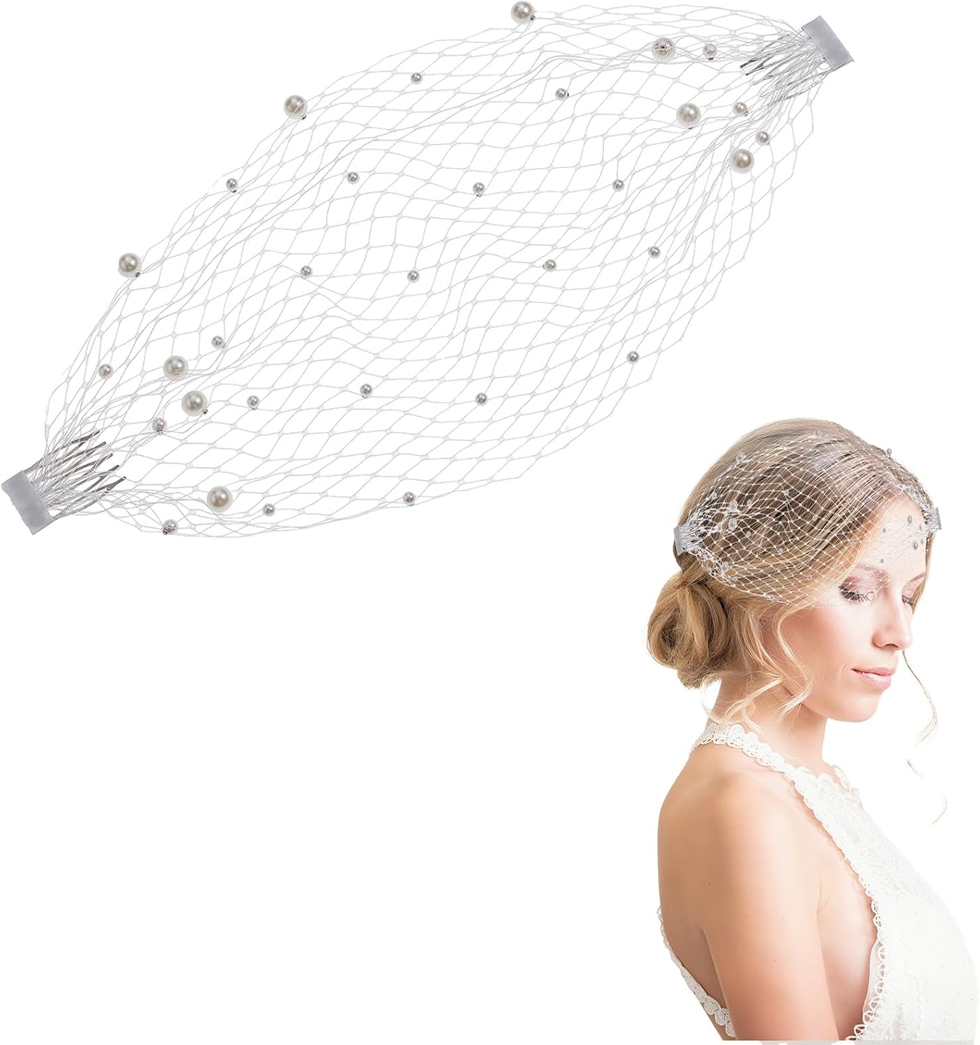 NICENEEDED 1920S Flapper Fascinator Net Veil White Bird Cage Face Veil Fascinator Veil for Bridal Weddings Tea Party for Women image number 5