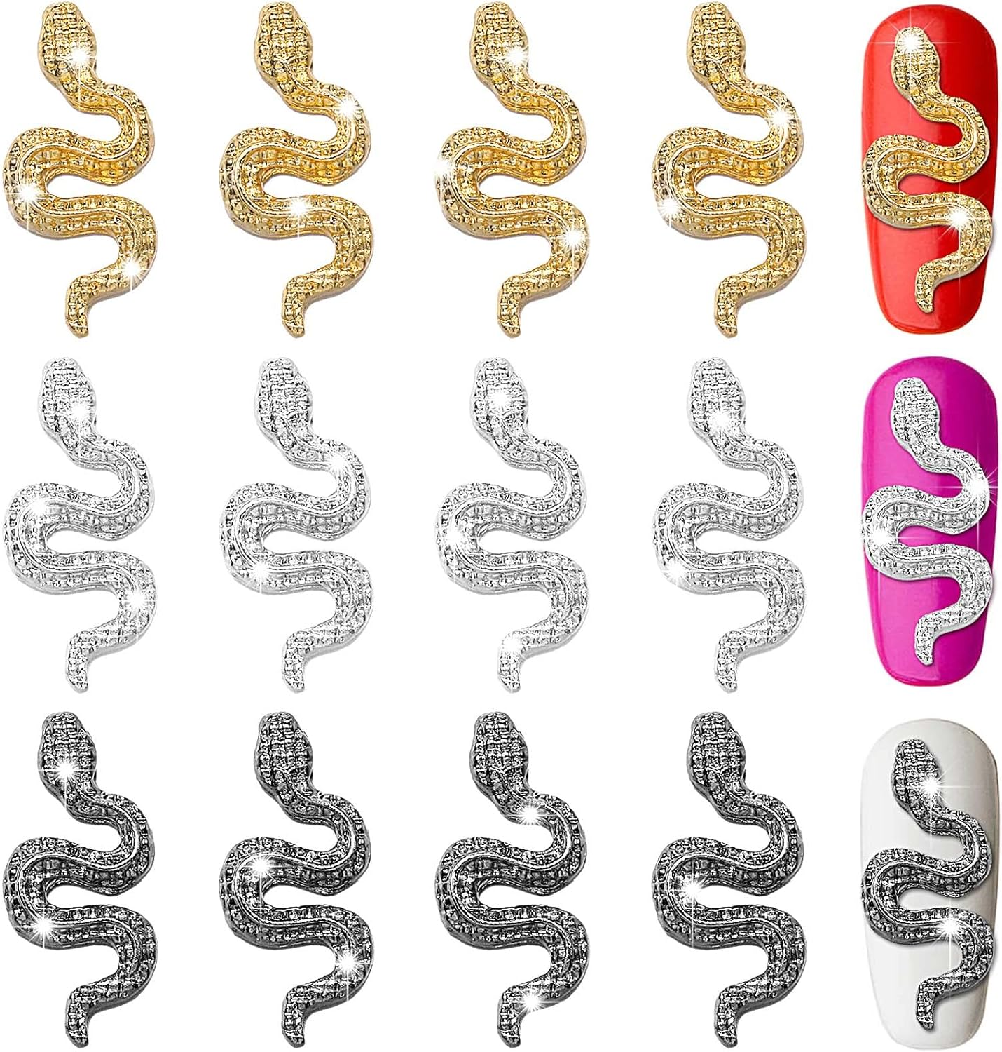 12 Pcs 3D Snake Nail Charms 3D Nail Charms with Rhinestones Alloy Snake Wave Crystal Rhinestones Nail Snake Art Metal Nail Jewelry Accessories Gold Silver Black Nail Charms for Nail Art Decoration DIY image number 6