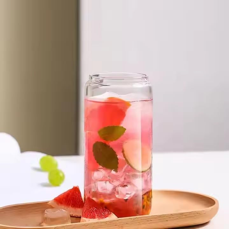 Glass Tumbler Set with Lid and Straw, 16 Oz, Set of 4, for Bubble Tea, Smoothie, Beer, Cocktail, Coffee