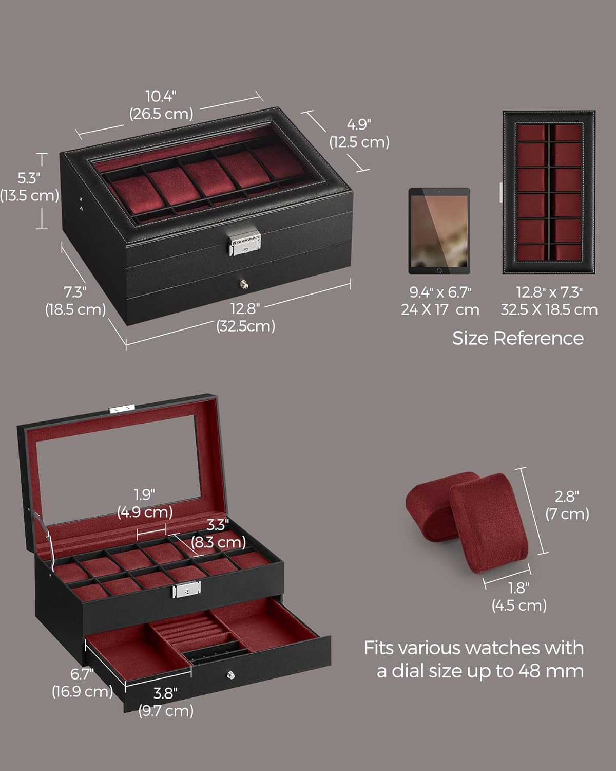 SONGMICS 12-Slot Watch Box, Lockable Watch Case with Glass Lid, 2 Layers, with 1 Drawer for Rings, Bracelets,Black Synthetic Leather, Wine Red Lining UJWB012R01 - Black + Gray image number 5