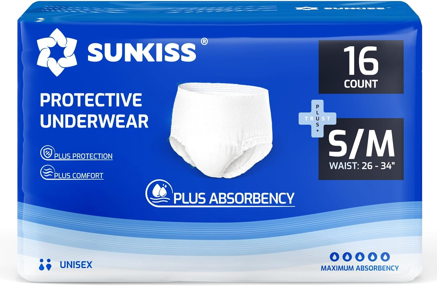 SUNKISS Trustplus Unisex Incontinence Disposable Underwear, Large, 16 Count - Heavy Absorbency, Barrier Leak Protection, Odor Control, Soft, Flexible Fabric