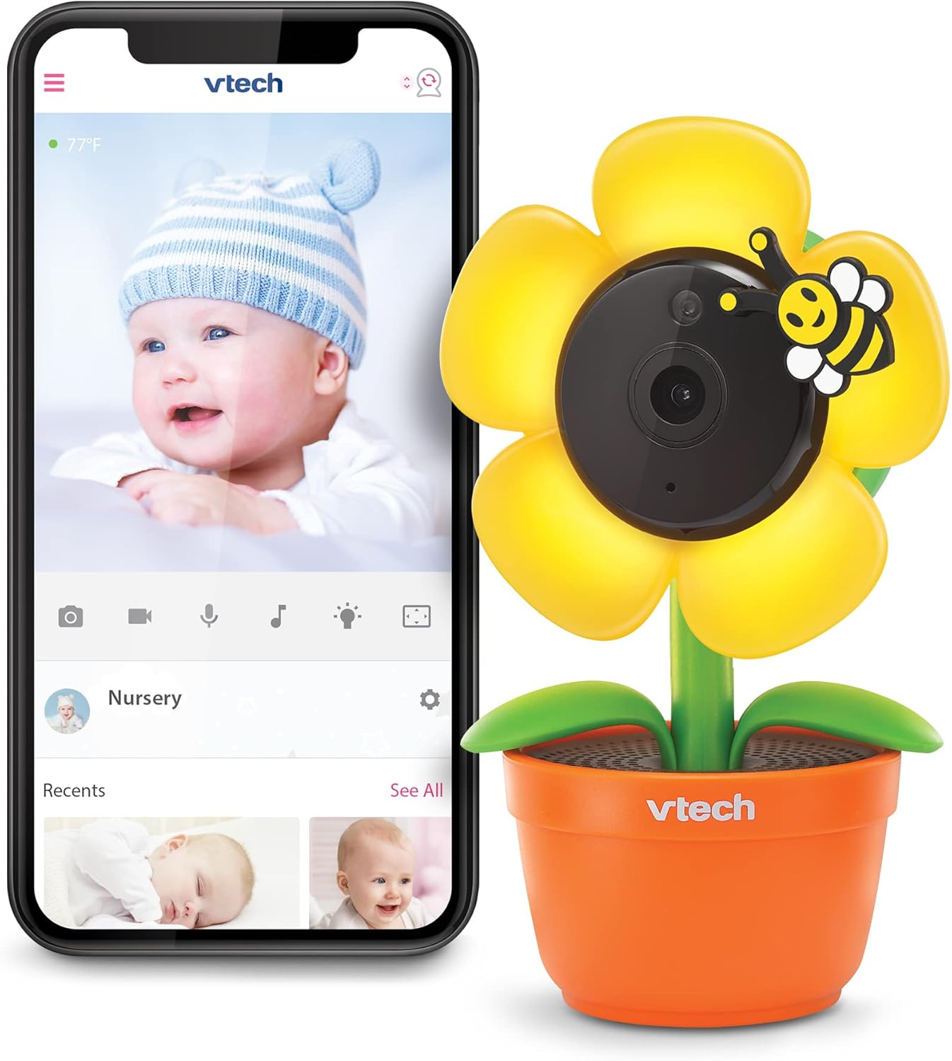 Vtech RM9751 Yellow Daisy Smart Wi-Fi Baby Camera, Ios & Android Enabled, 1080P Full HD, Privacy Mode Cover, Night Light, Soothing Sounds & Lullabies, Two-Way Intercom,Temperature Sensor, Night Vision image number 4